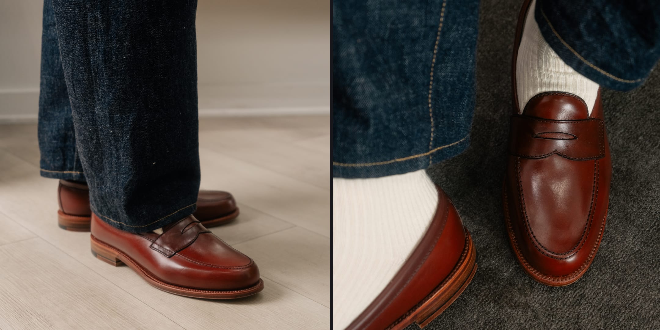 Brown loafers worn with jeans on a wooden floor.