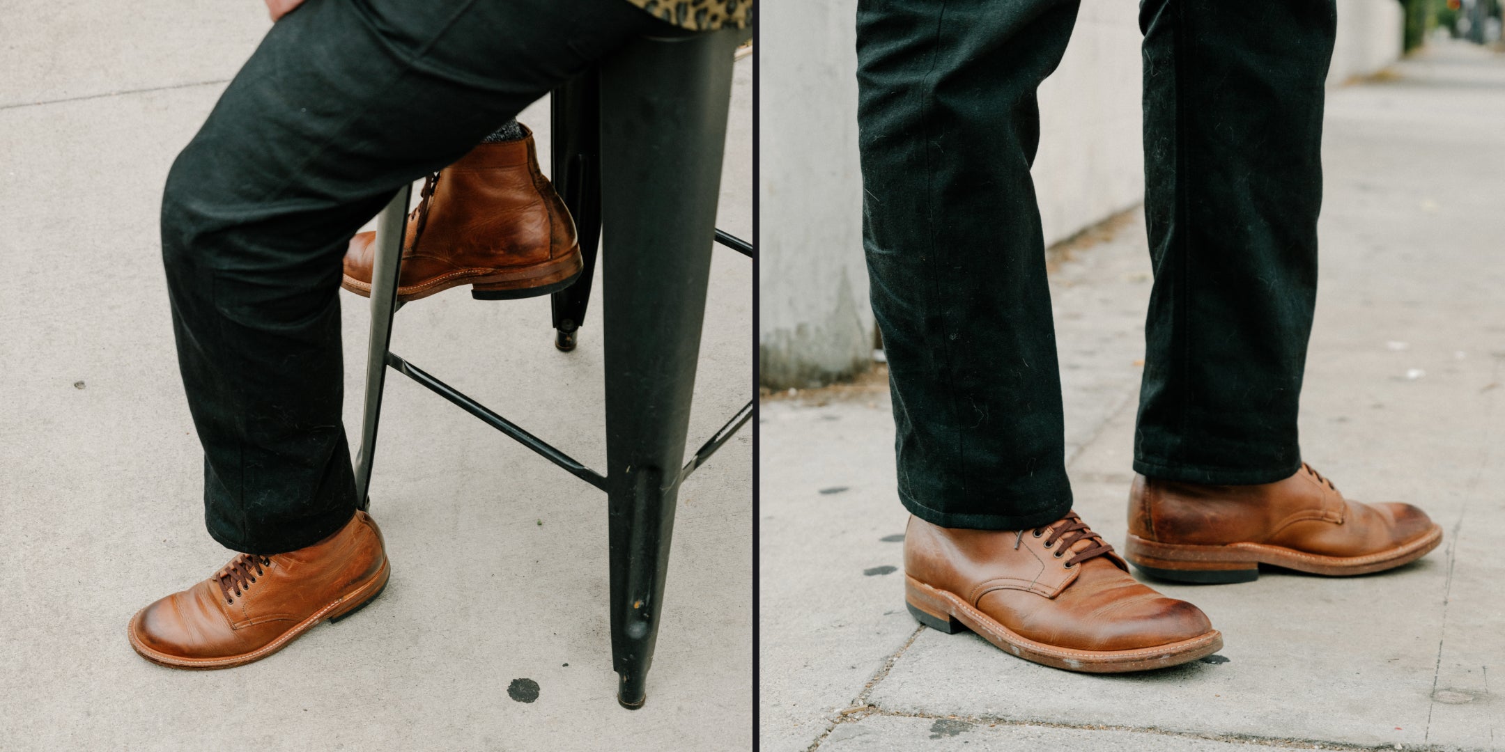 Close-up of brown shoes and black pants on a sidewalk.