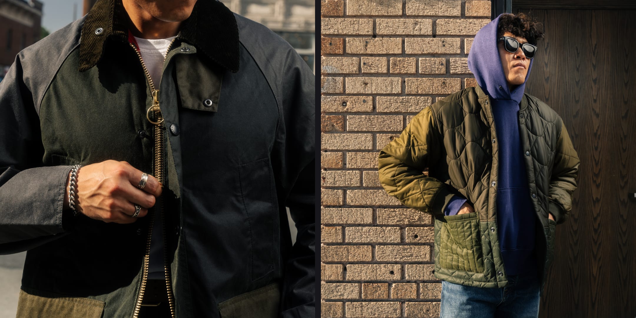 Two images: one of a person adjusting a jacket and another of a person wearing a green jacket against a brick wall.