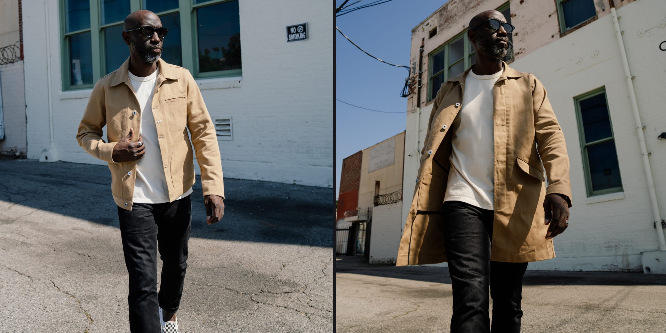Man wearing a beige jacket and white shirt walking outdoors.