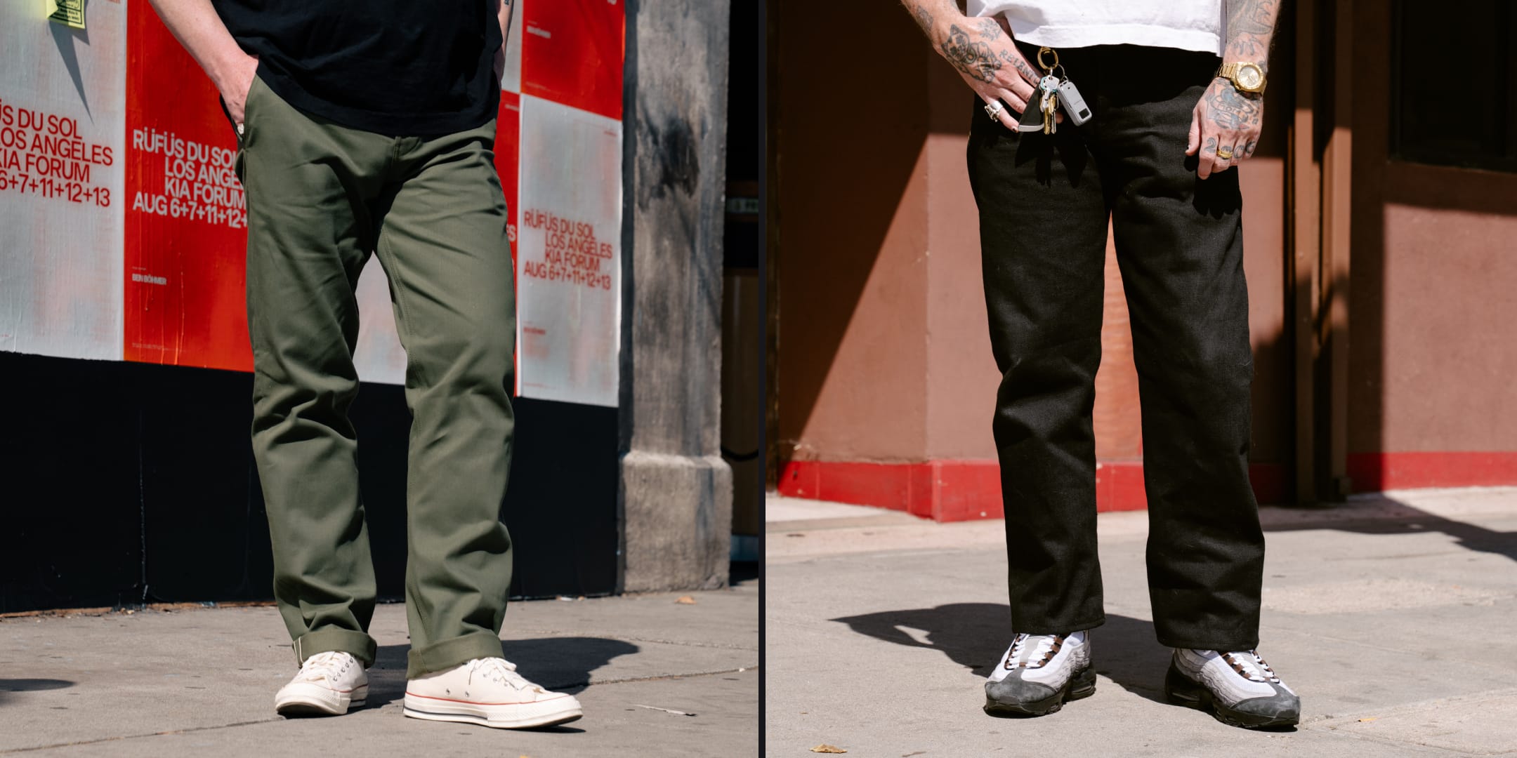Two people wearing different types of pants in an urban setting.