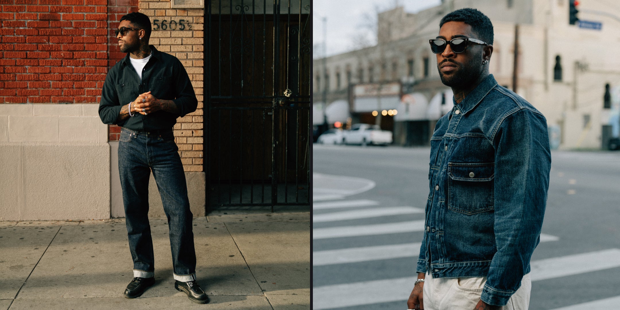 Man in a denim jacket and jeans standing on a sidewalk, then on a street.