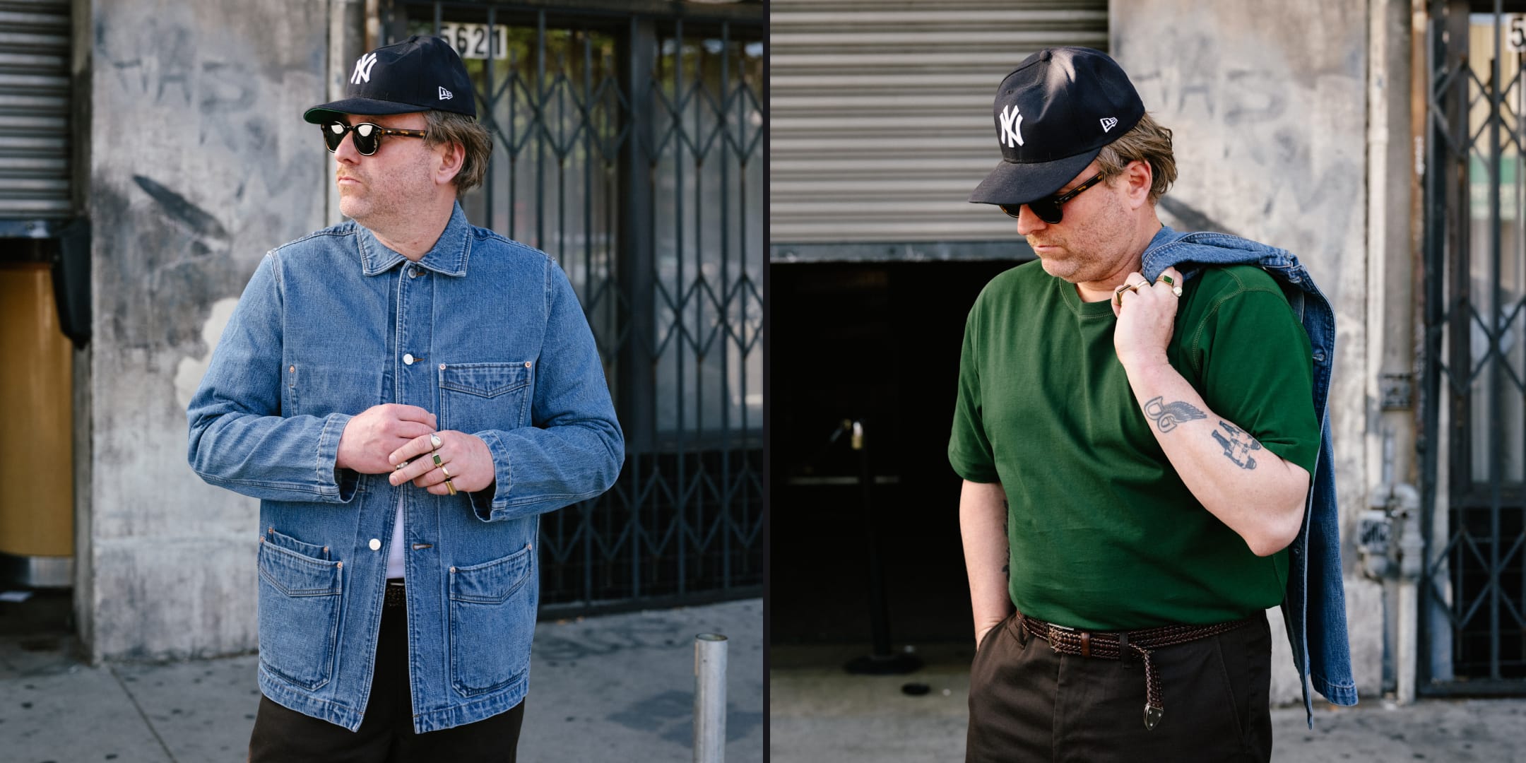 Two side-by-side images of a person wearing a denim jacket and a green shirt with a black cap.