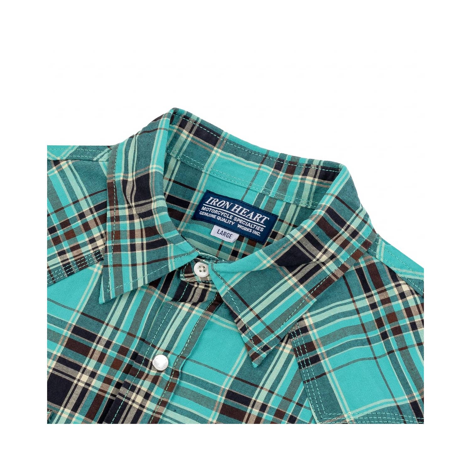 Iron Heart IHSH-359-GRN 5oz Selvedge Madras Check Short Sleeved Western Shirt Green