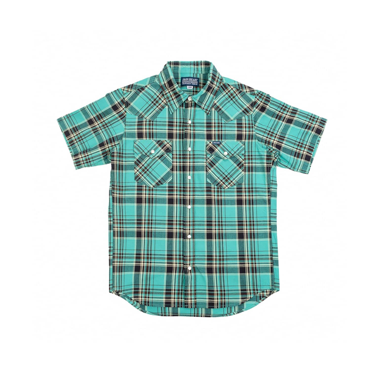 Iron Heart IHSH-359-GRN 5oz Selvedge Madras Check Short Sleeved Western Shirt Green