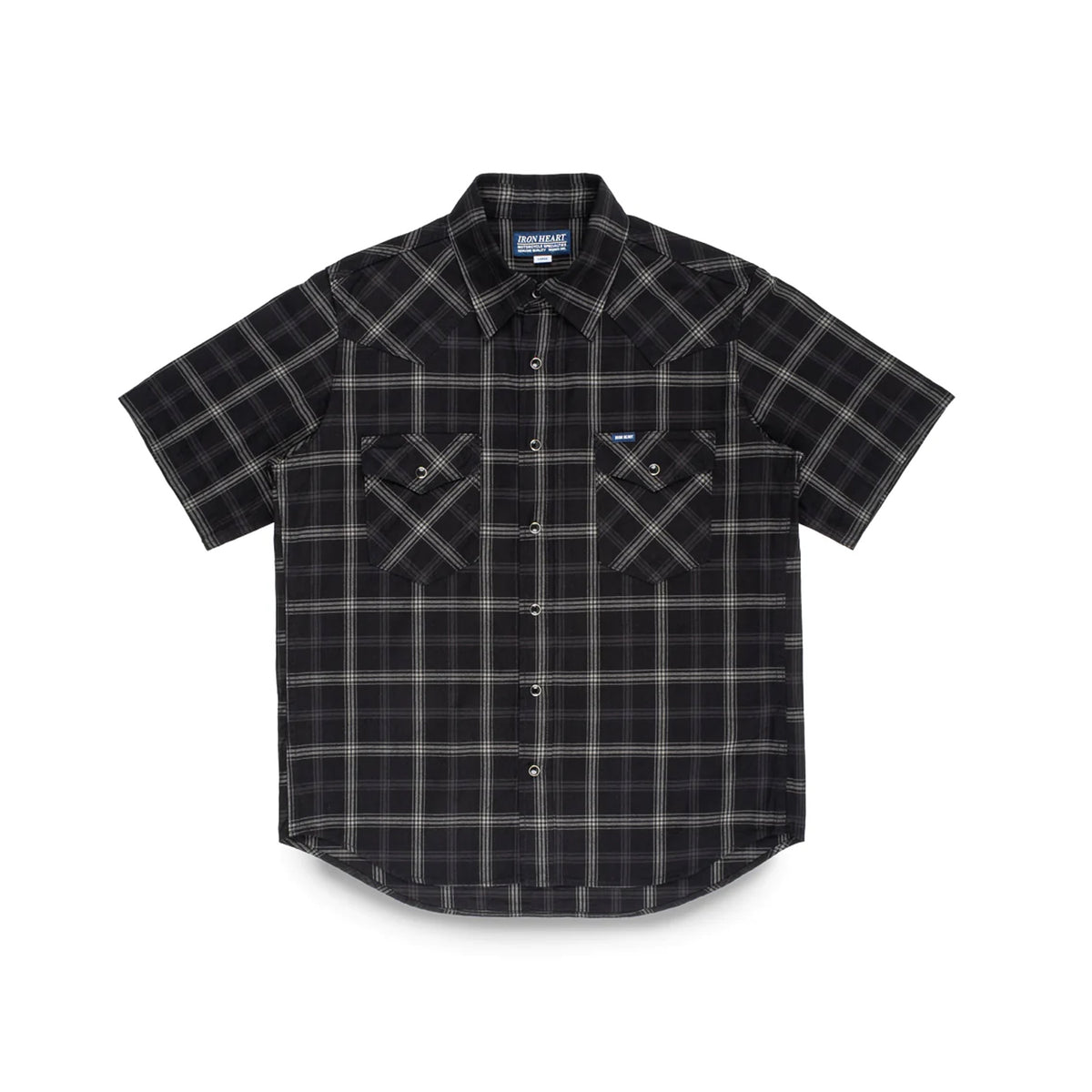 Iron Heart IHSH-418-BLK 5oz Short Sleeved Madras Check Western Shirt Black FINAL SALE