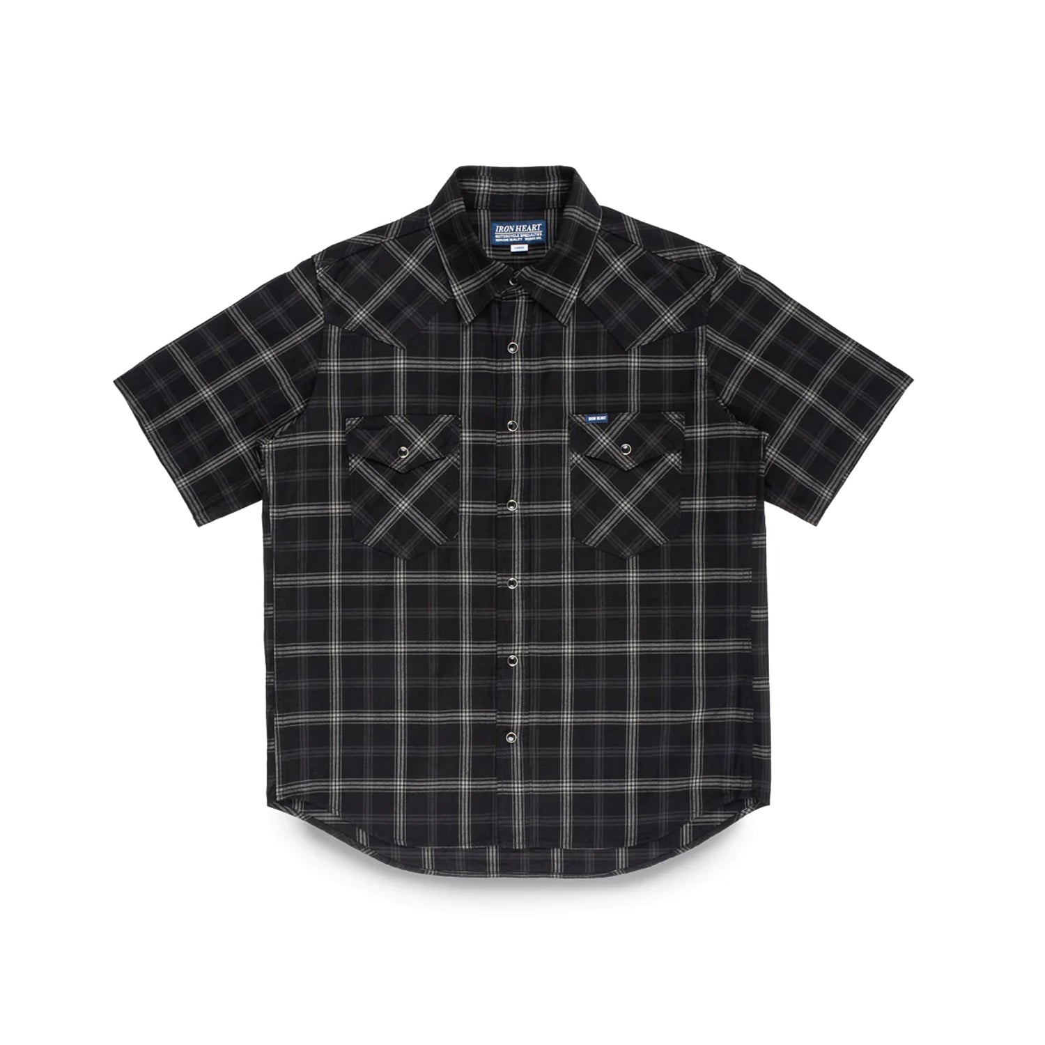 Iron Heart IHSH-418-BLK 5oz Short Sleeved Madras Check Western Shirt Black