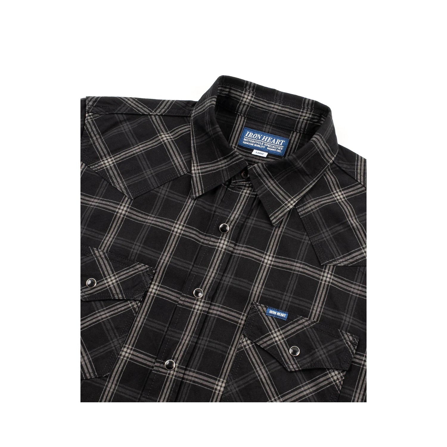 Iron Heart IHSH-418-BLK 5oz Short Sleeved Madras Check Western Shirt Black