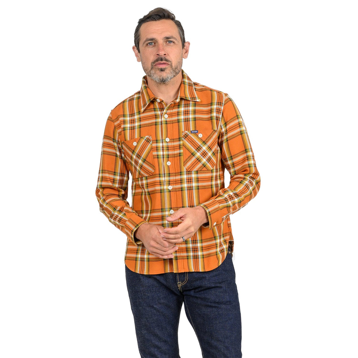 Iron Heart IHSH-422-ORA 9oz Selvedge Flannel Work Shirt Orange