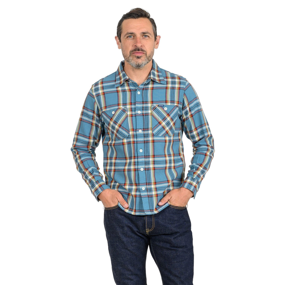 Iron Heart IHSH-442-SAX 9oz Selvedge Flannel Work Shirt Sax Blue