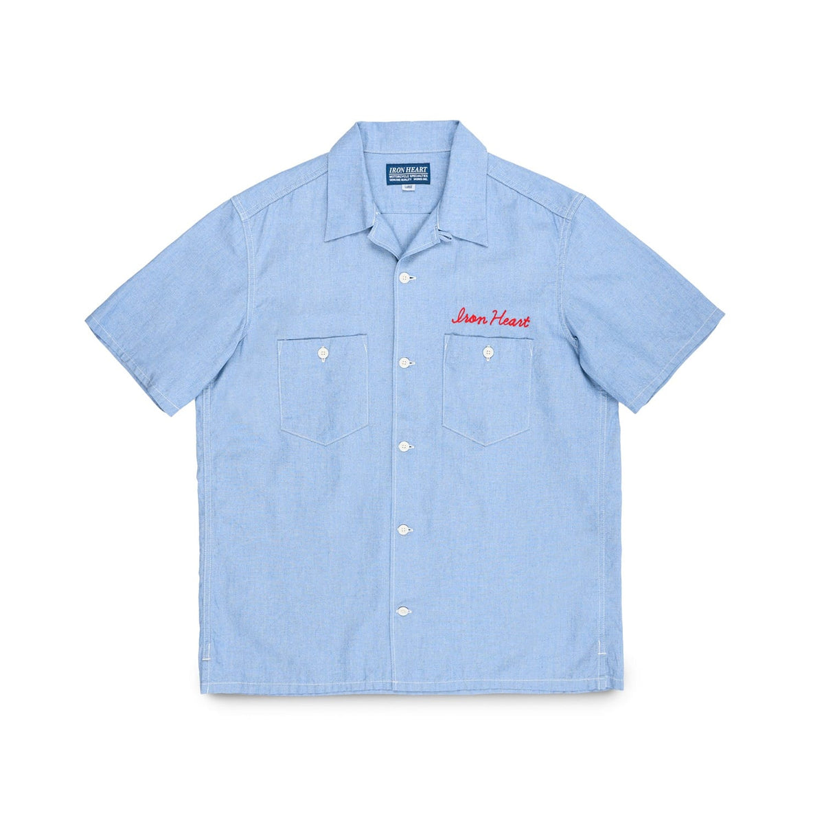 Iron Heart IHSH-447-SAX 5oz Cotton Linen Open Collar Short Sleeve Shirt Sax Blue