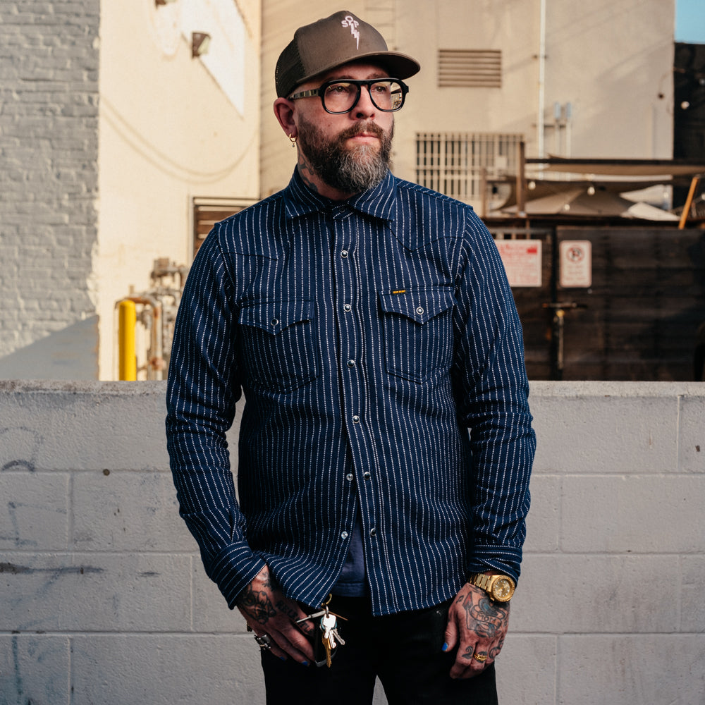 Iron Heart IHSH-401-NAV Ultra Heavy Flannel Chalk Stripe Western Shirt Navy FINAL SALE