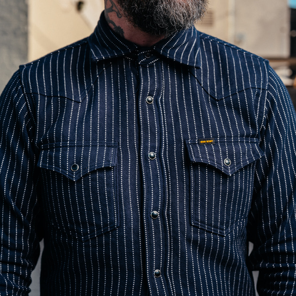 Iron Heart IHSH-401-NAV Ultra Heavy Flannel Chalk Stripe Western Shirt Navy FINAL SALE