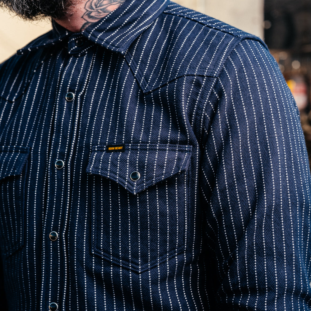 Iron Heart IHSH-401-NAV Ultra Heavy Flannel Chalk Stripe Western Shirt Navy FINAL SALE