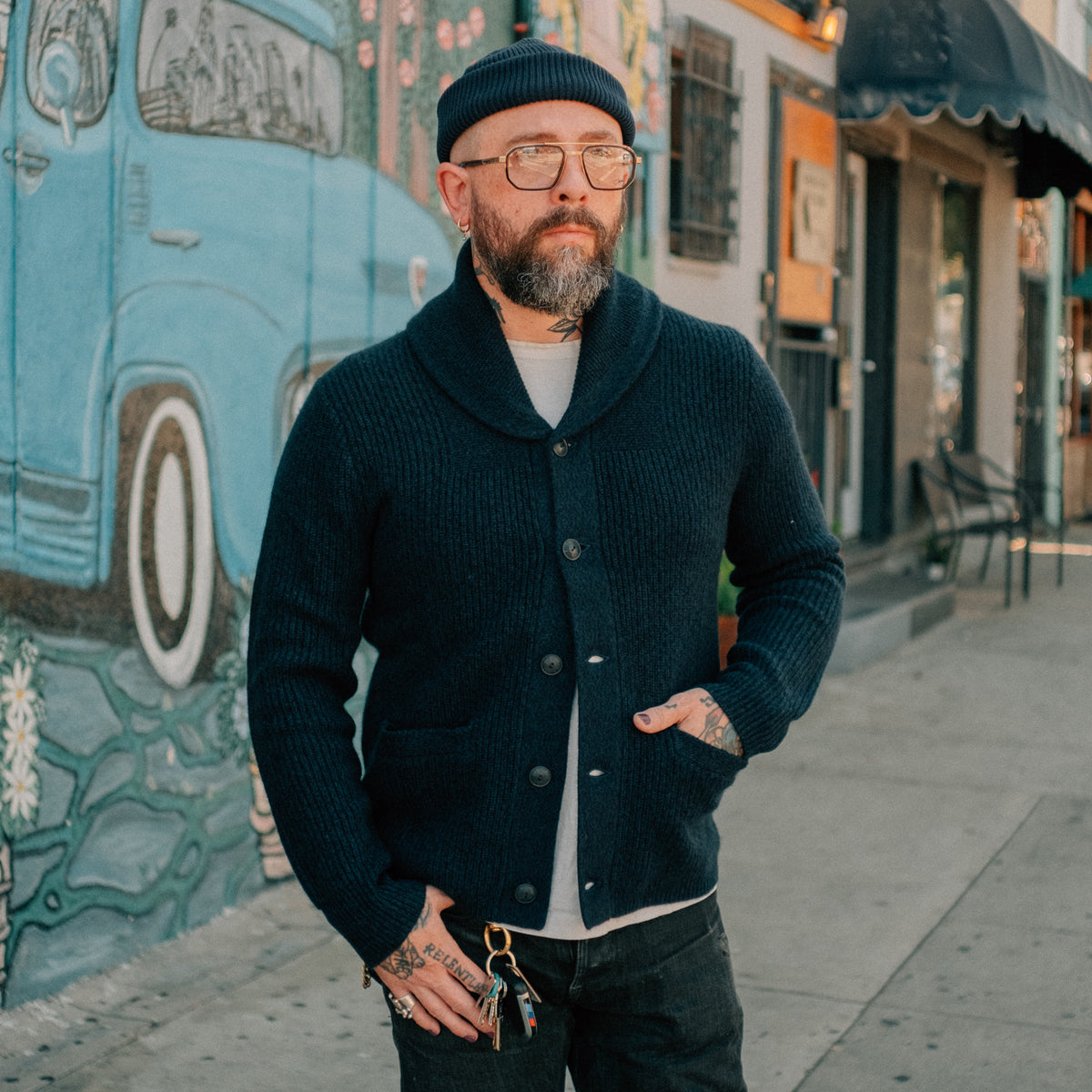 RRL Cashmere Shawl Collar Cardigan Navy Heather