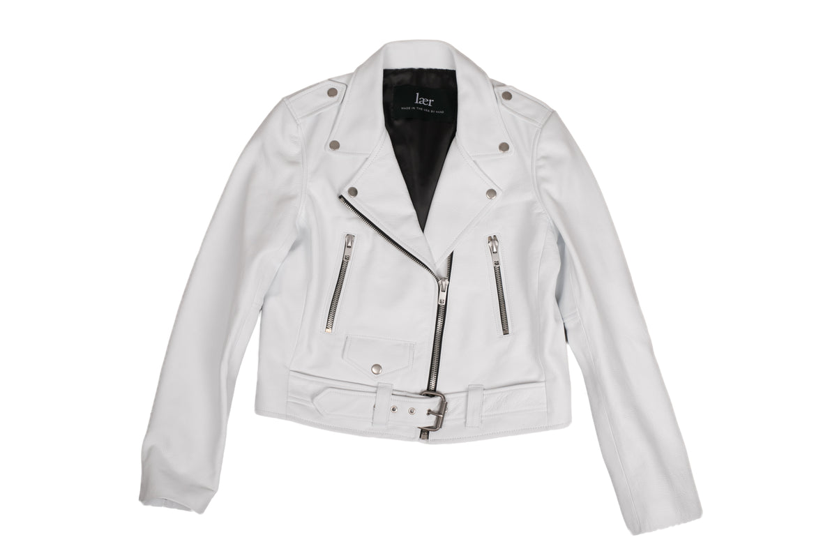 Women's Laer Brand New Standard Leather Motorcycle Jacket White FINAL SALE