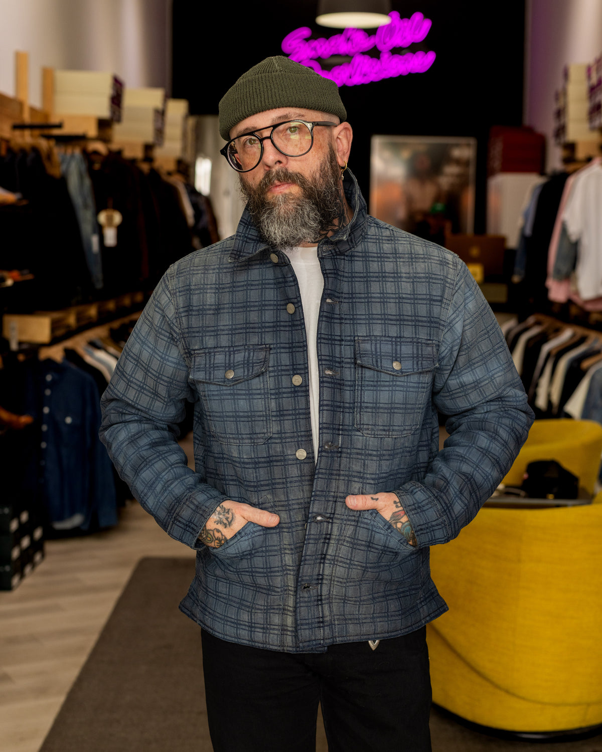 RRL Indigo Plaid Jacquard Denim Jacket Holland Wash