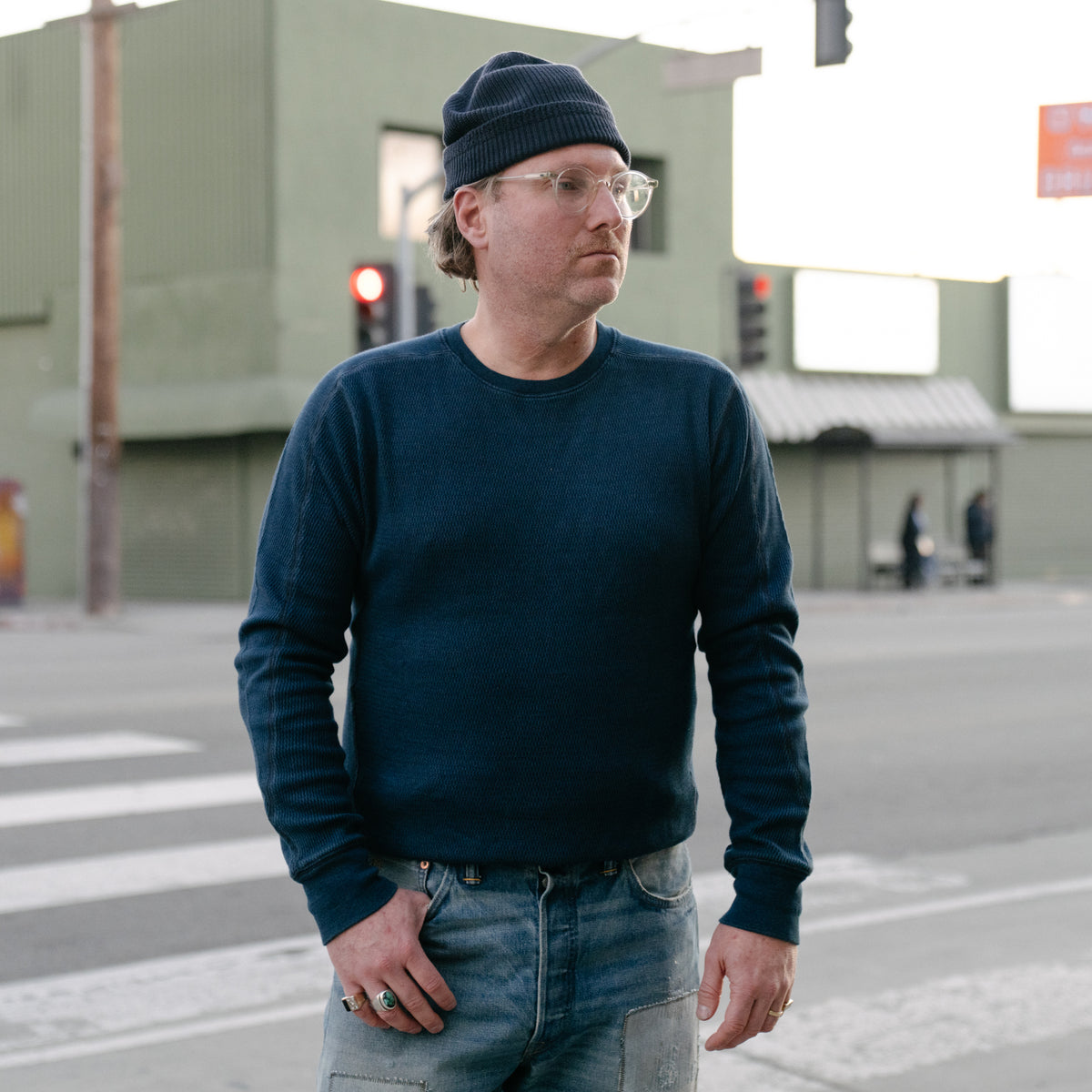 RRL Indigo Jacquard-Knit Crewneck Rinsed Blue Indigo