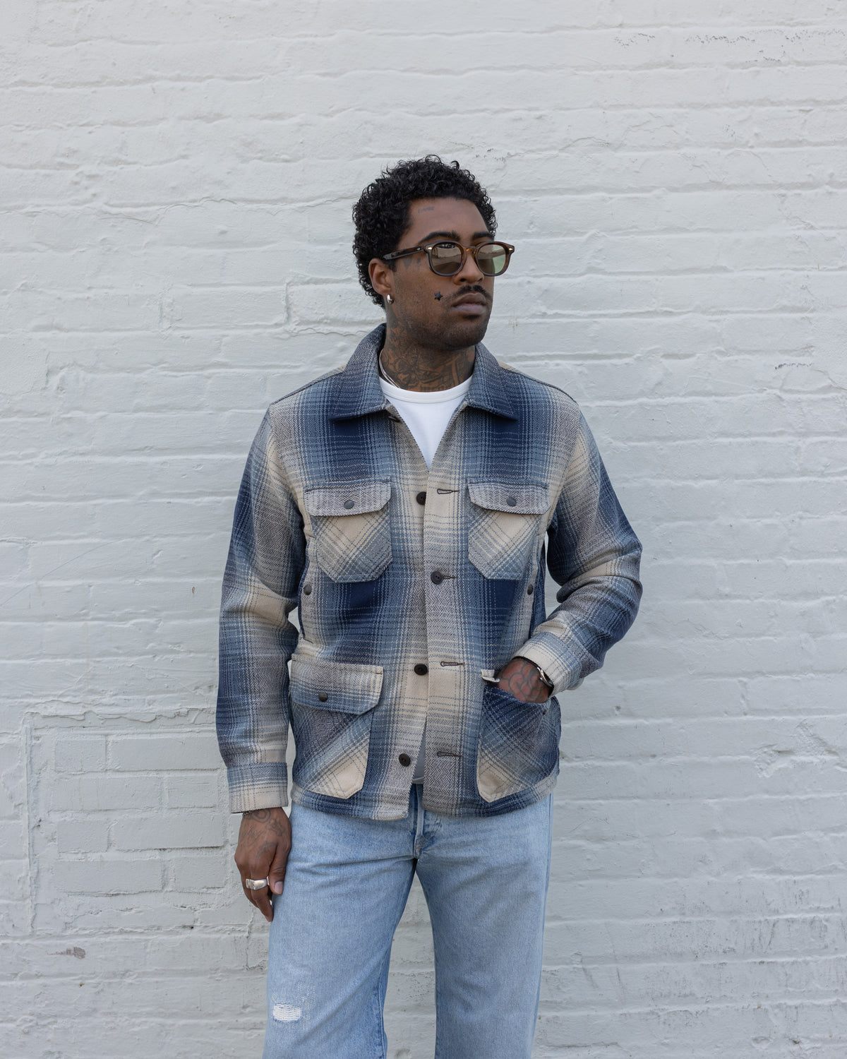 RRL Plaid Wool Twill Overshirt Blue/ Cream