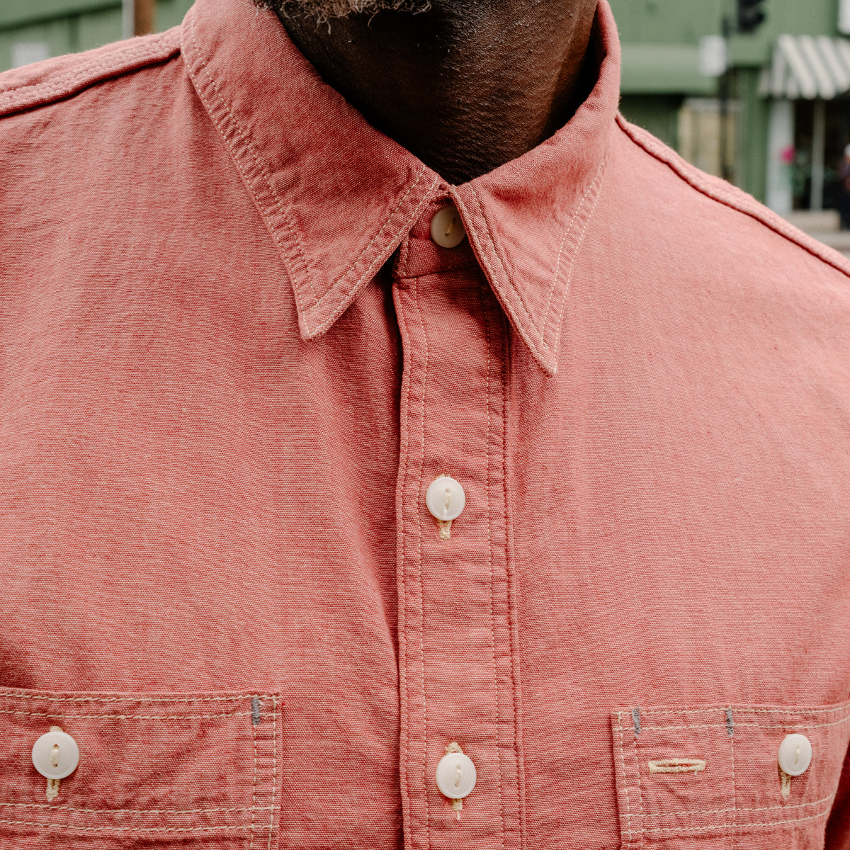 RRL Selvedge-Detailed Short Sleeve Chambray Work Shirt Red
