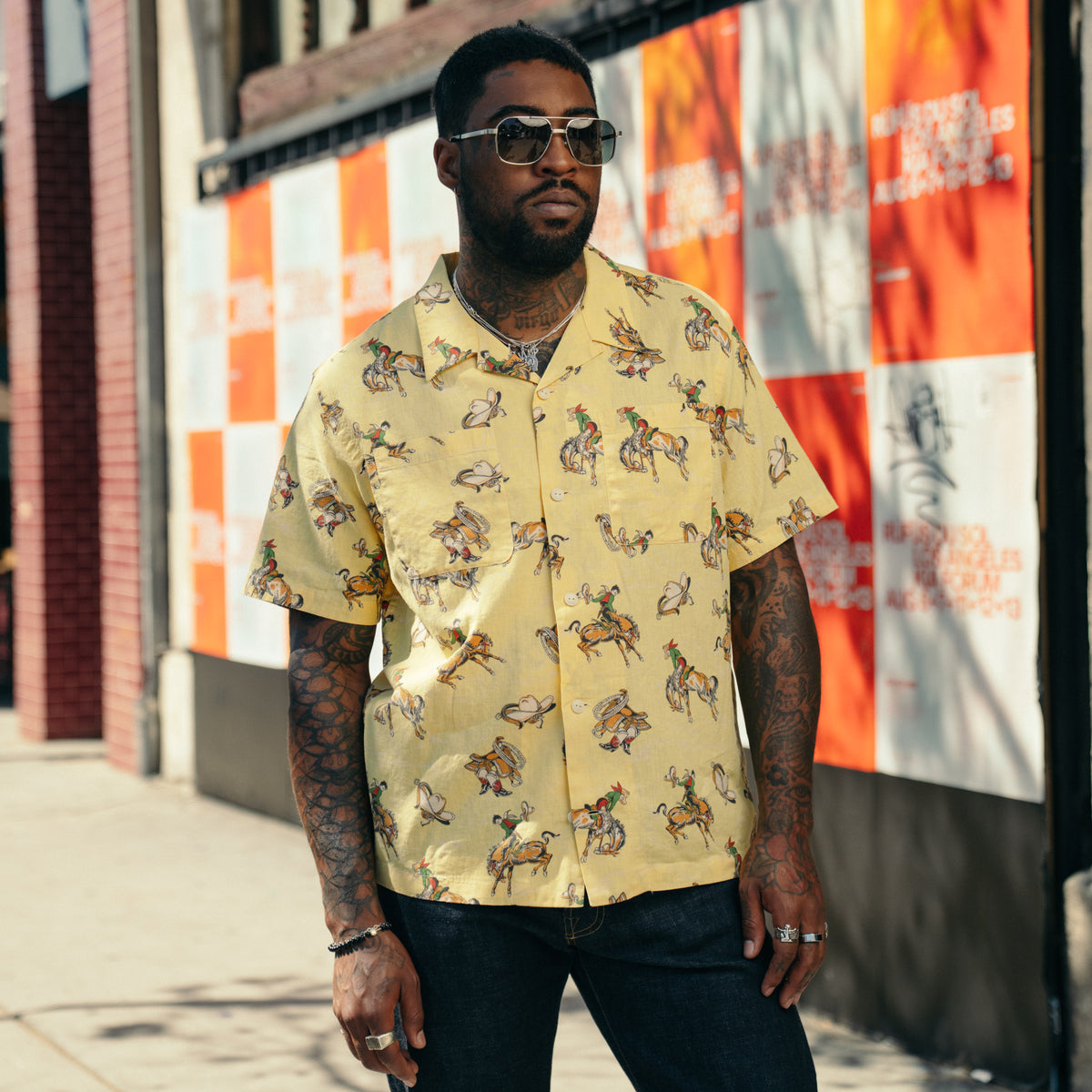 RRL Western-Print Linen-Cotton Camp Shirt Yellow Multi