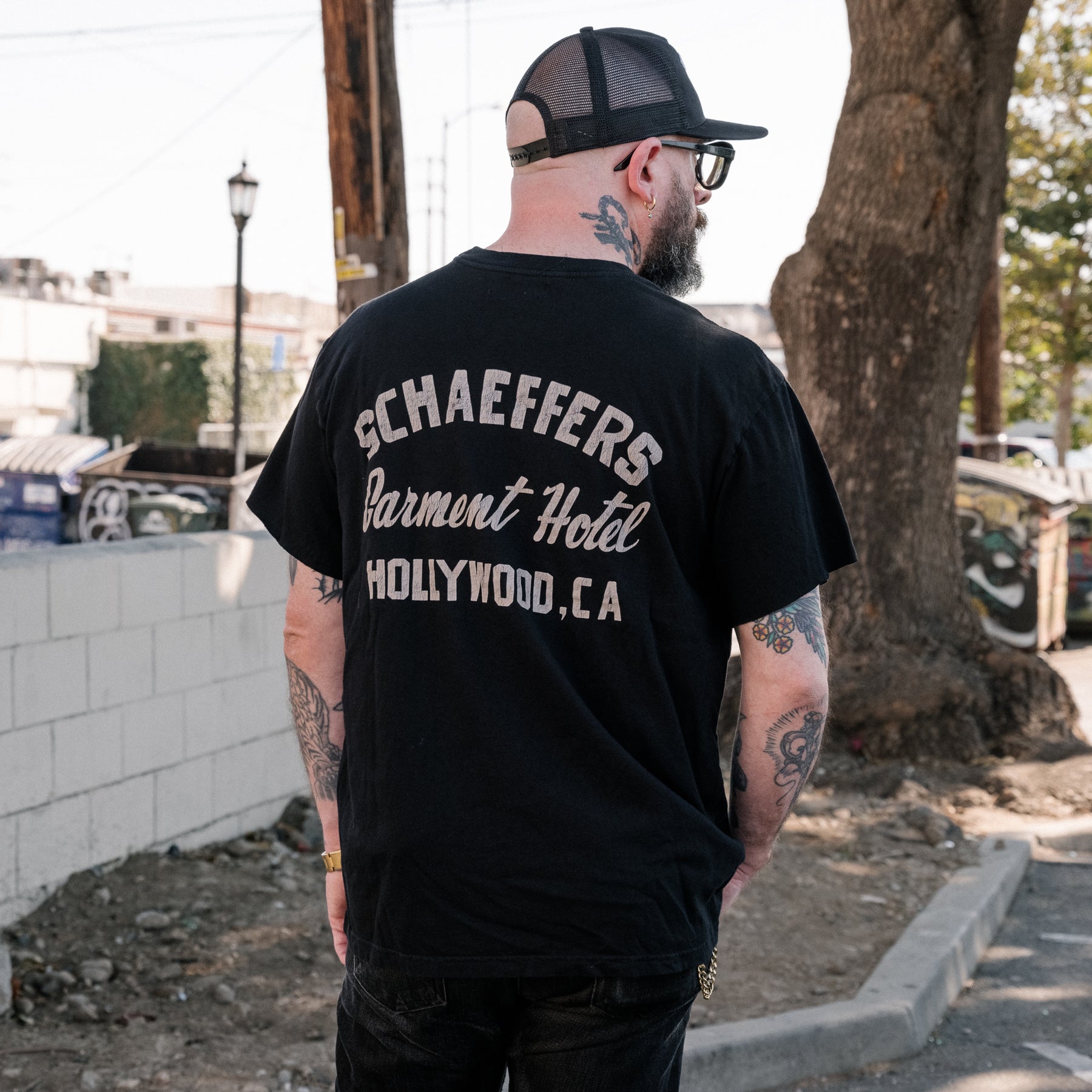 Schaeffer's Garment Hotel Cycle Varsity Drop Shoulder Raw Sleeve Tee Black