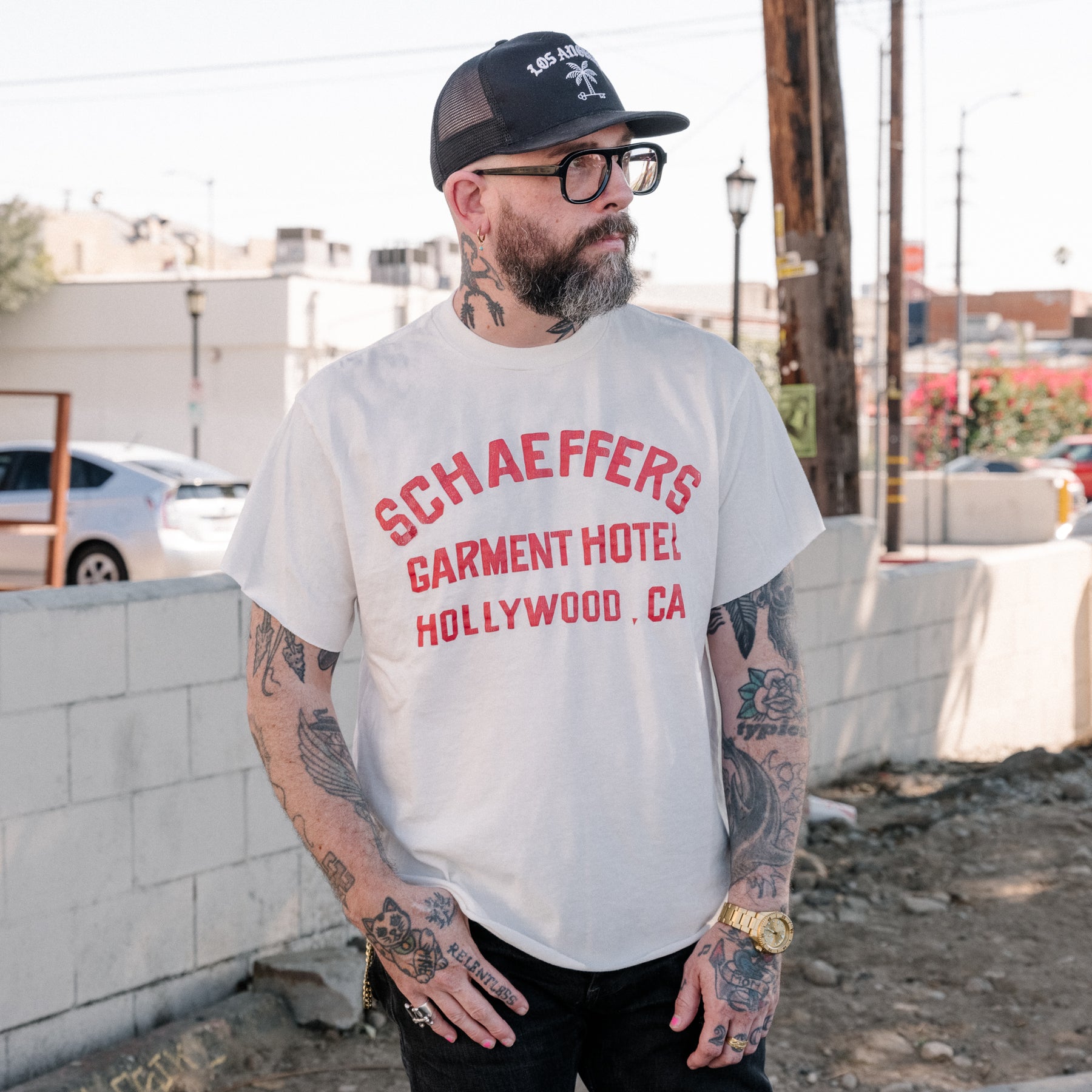 Schaeffer's Garment Hotel Cycle Varsity Drop Shoulder Raw Edge Tee White