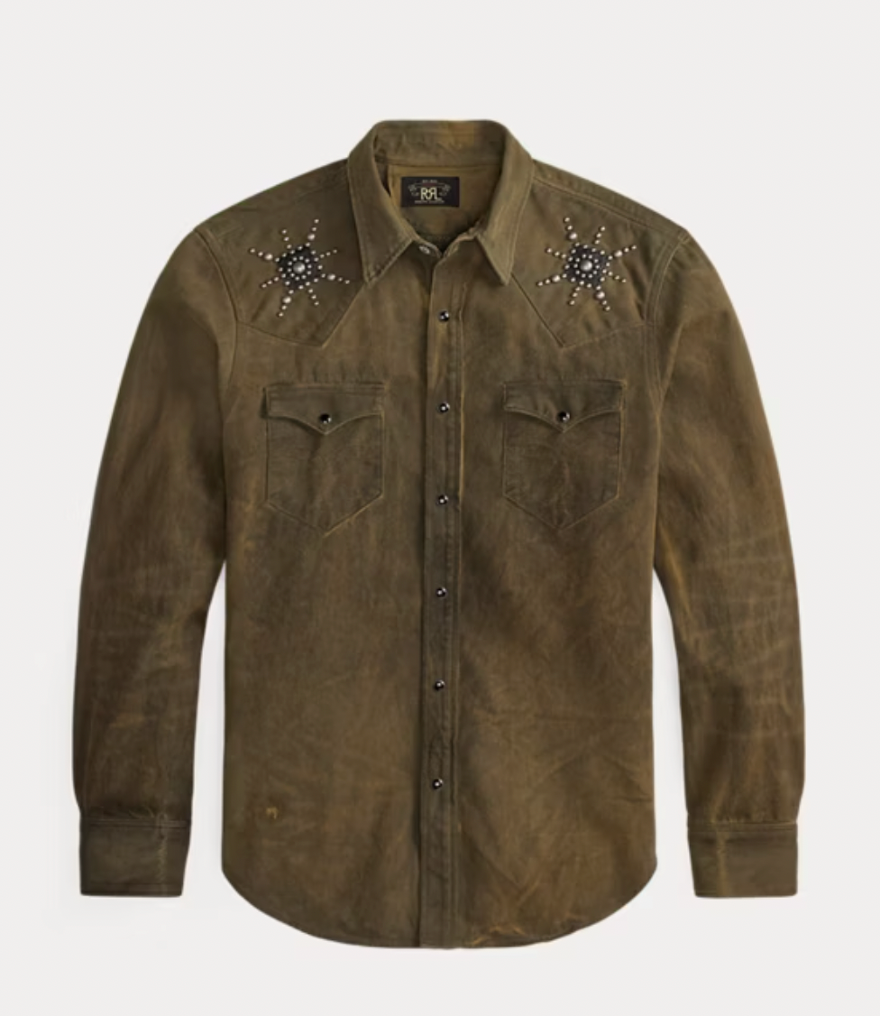 RRL Slim Studded Denim Western Shirt Distressed Brown