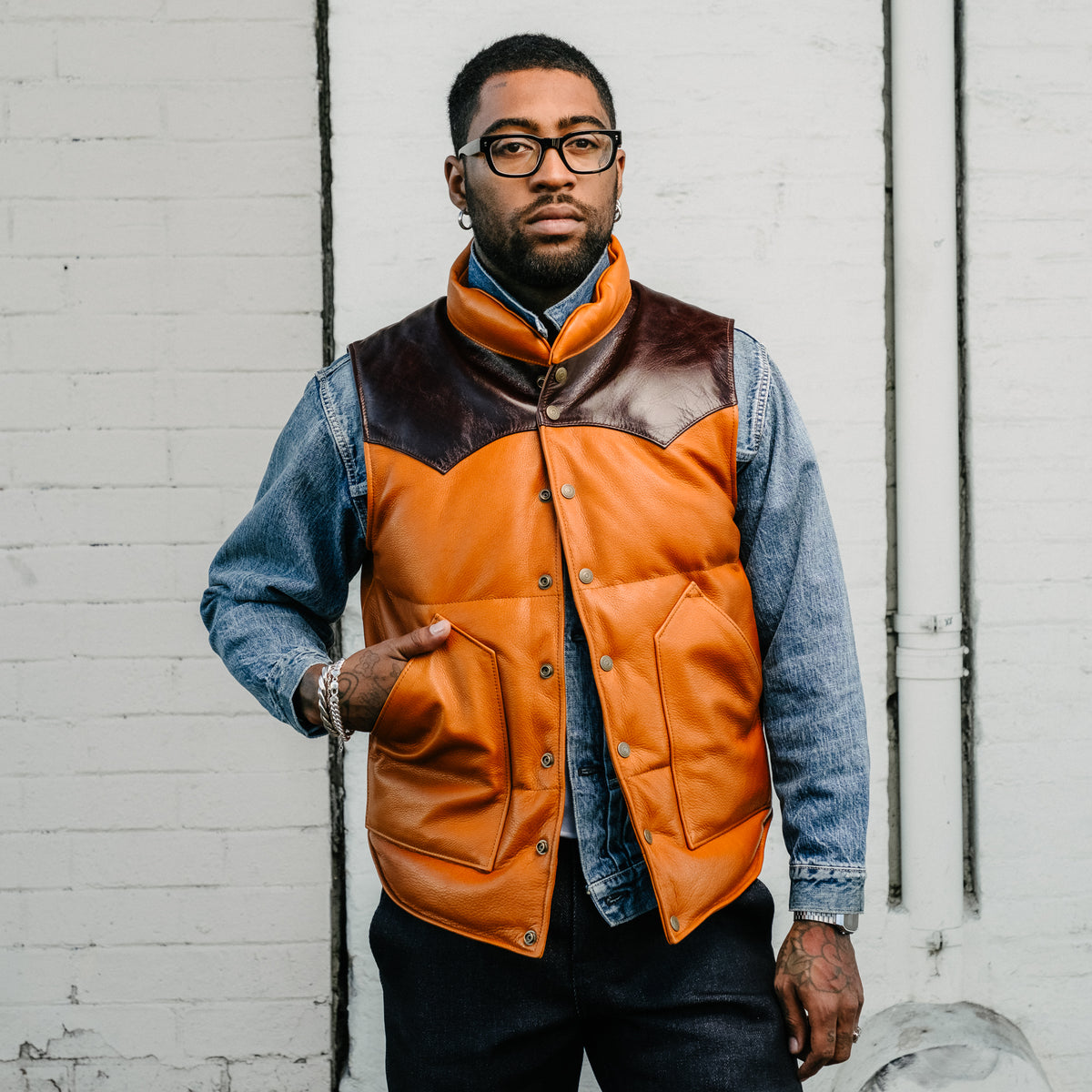 Y'2 Leather SV-01 Steer Oil & Horsehide Down Vest Camel/ Brown FINAL SALE