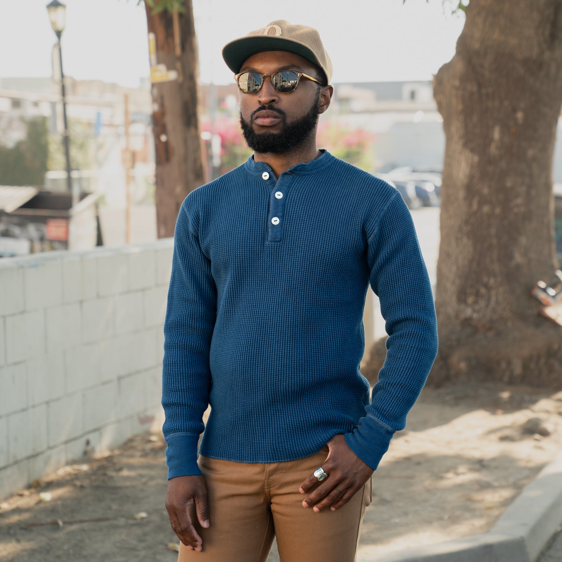 Iron Heart IHTL-1213-IND Waffle Knit Long Sleeved Thermal Henley Indigo Dyed