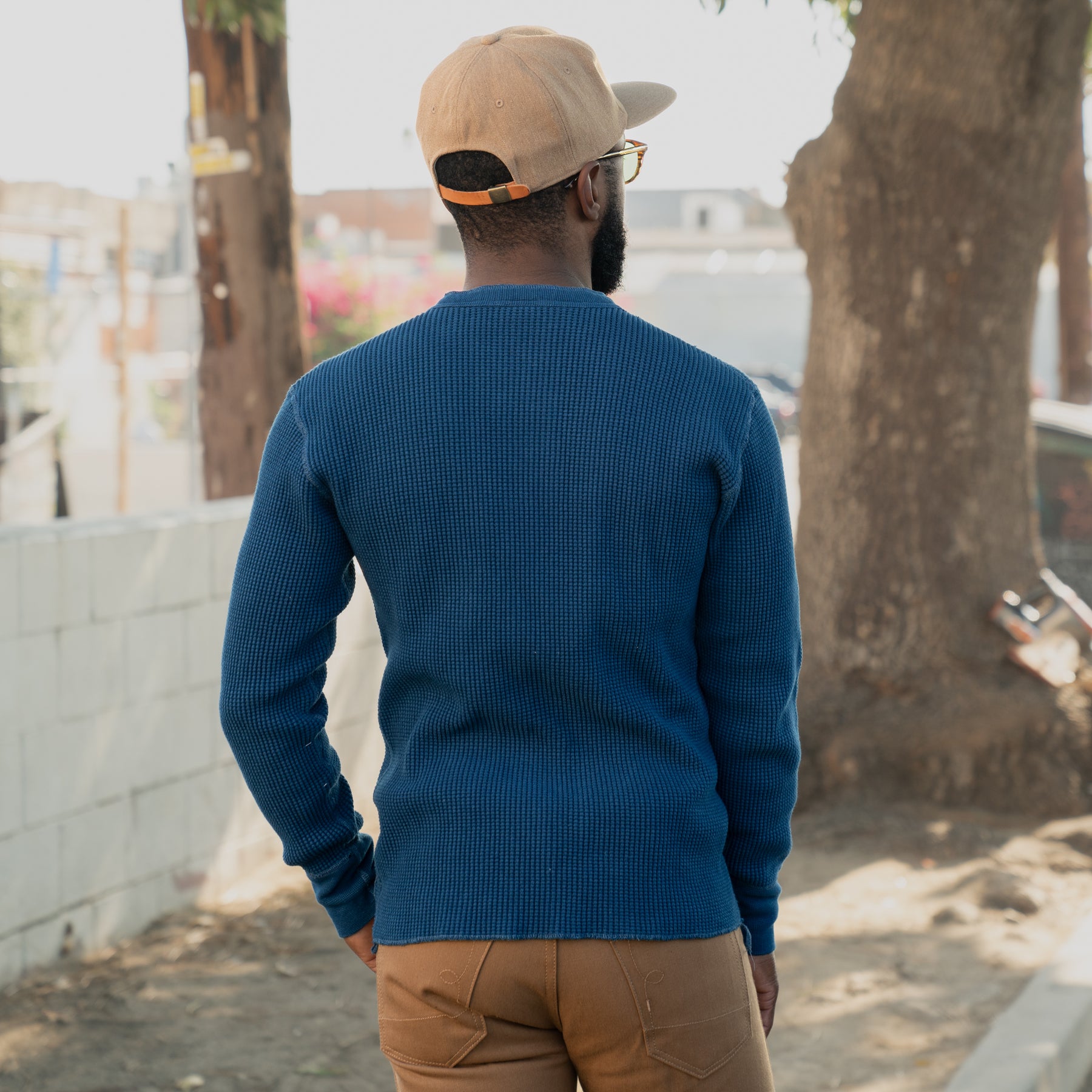 Iron Heart IHTL-1213-IND Waffle Knit Long Sleeved Thermal Henley Indigo Dyed