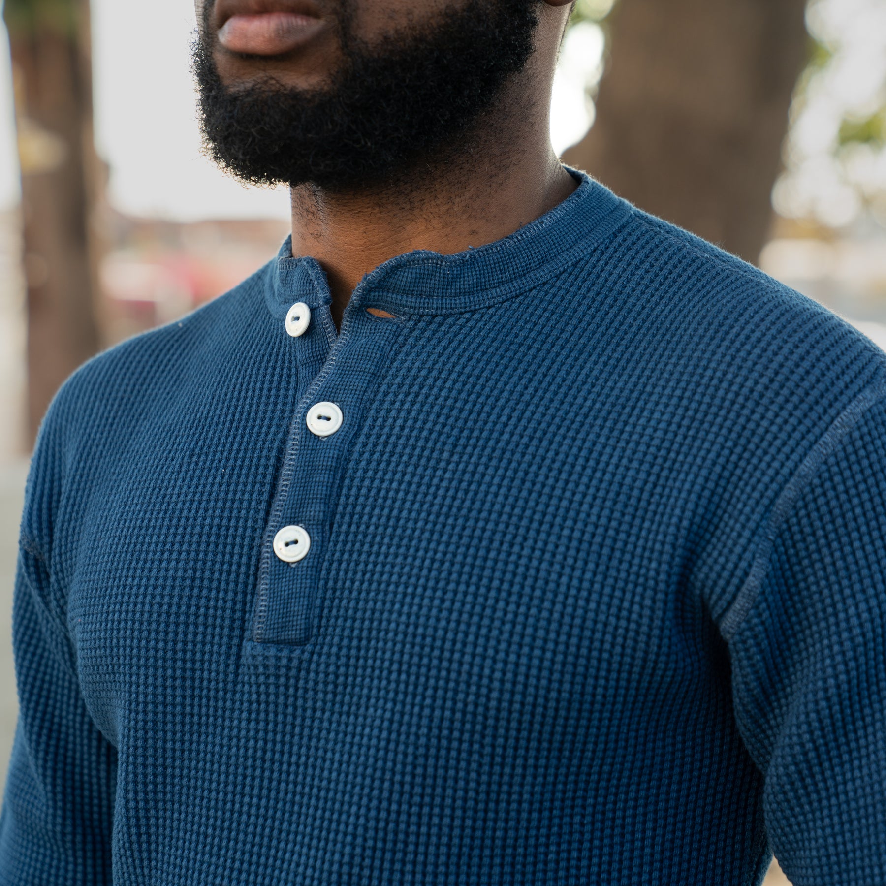 Iron Heart IHTL-1213-IND Waffle Knit Long Sleeved Thermal Henley Indigo Dyed