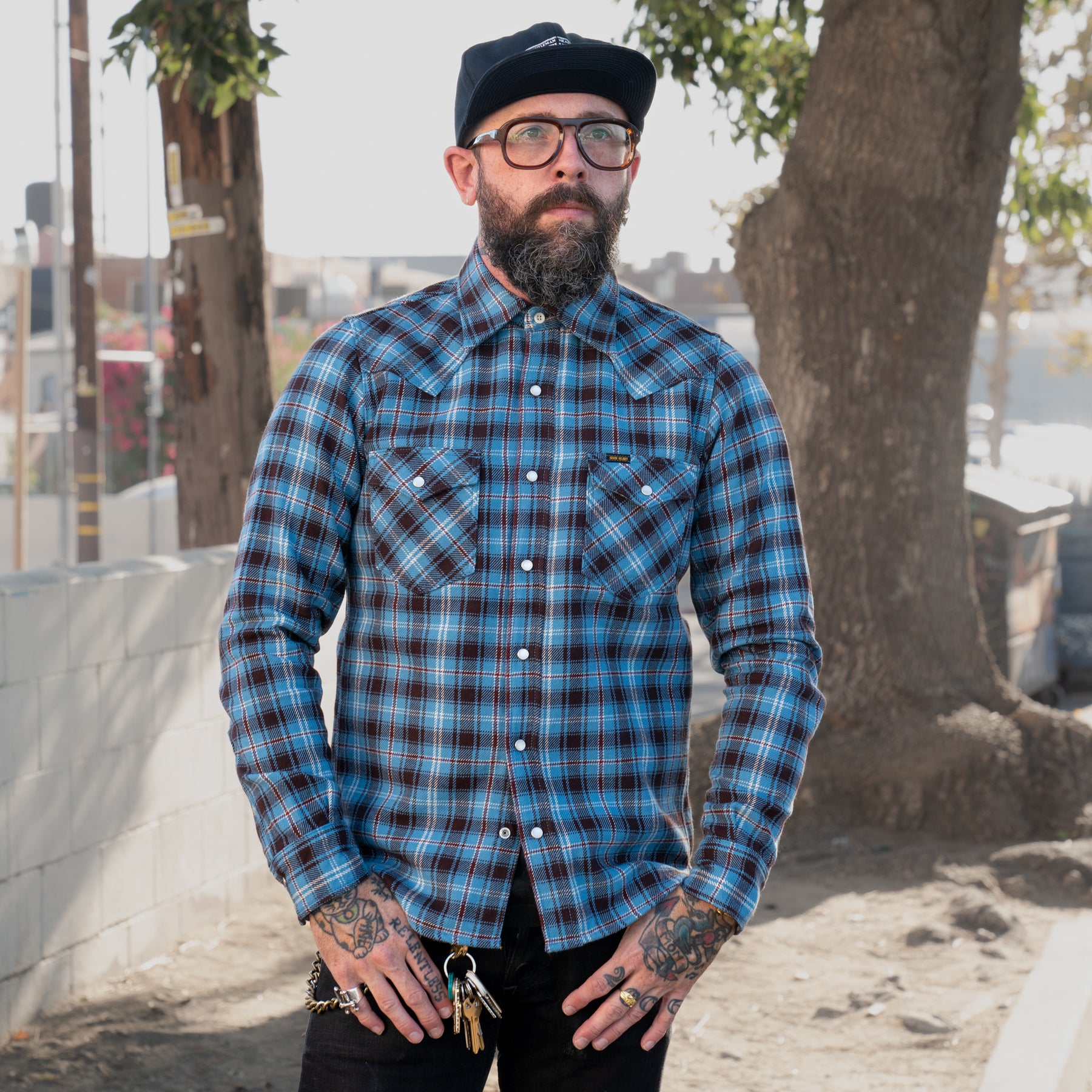 Iron Heart IHSH-333-SAX Ultra Heavy Flannel Blanket Check Western Shirt Sax Blue
