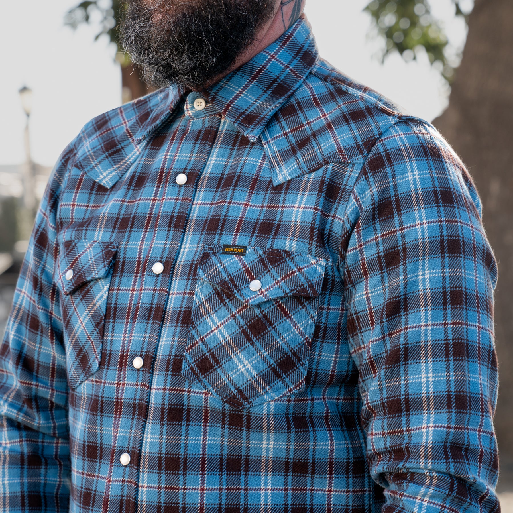 Iron Heart IHSH-333-SAX Ultra Heavy Flannel Blanket Check Western Shirt Sax Blue