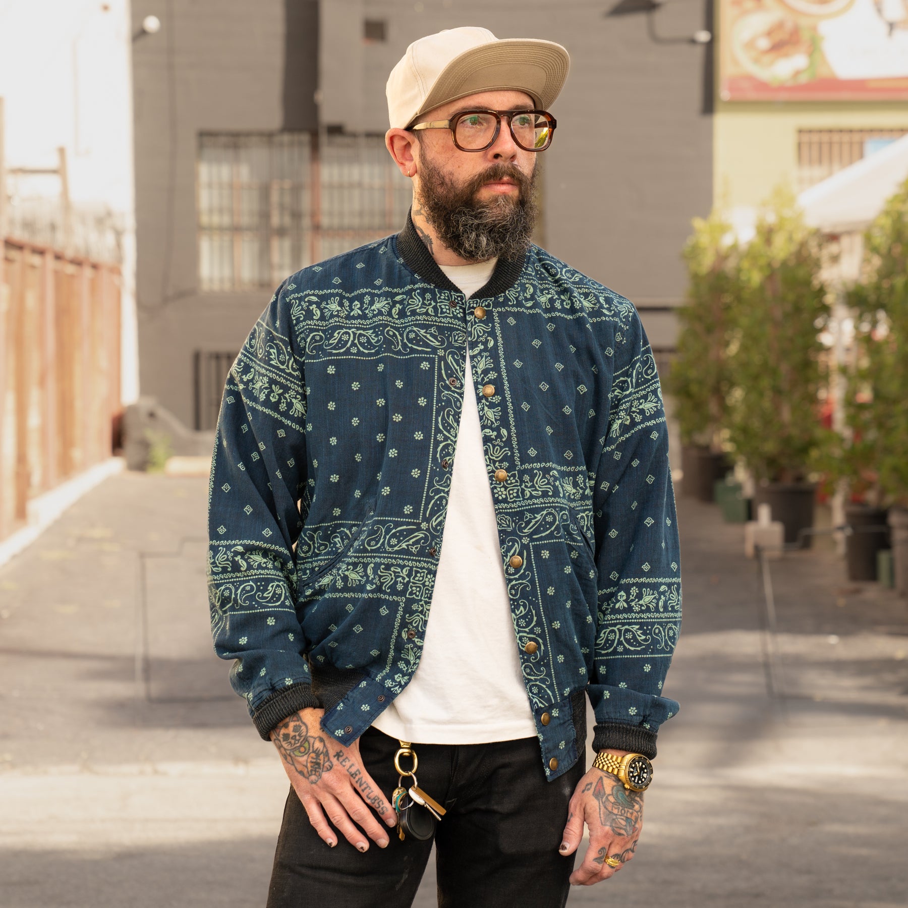 RRL Indigo Bandanna Bomber Jacket