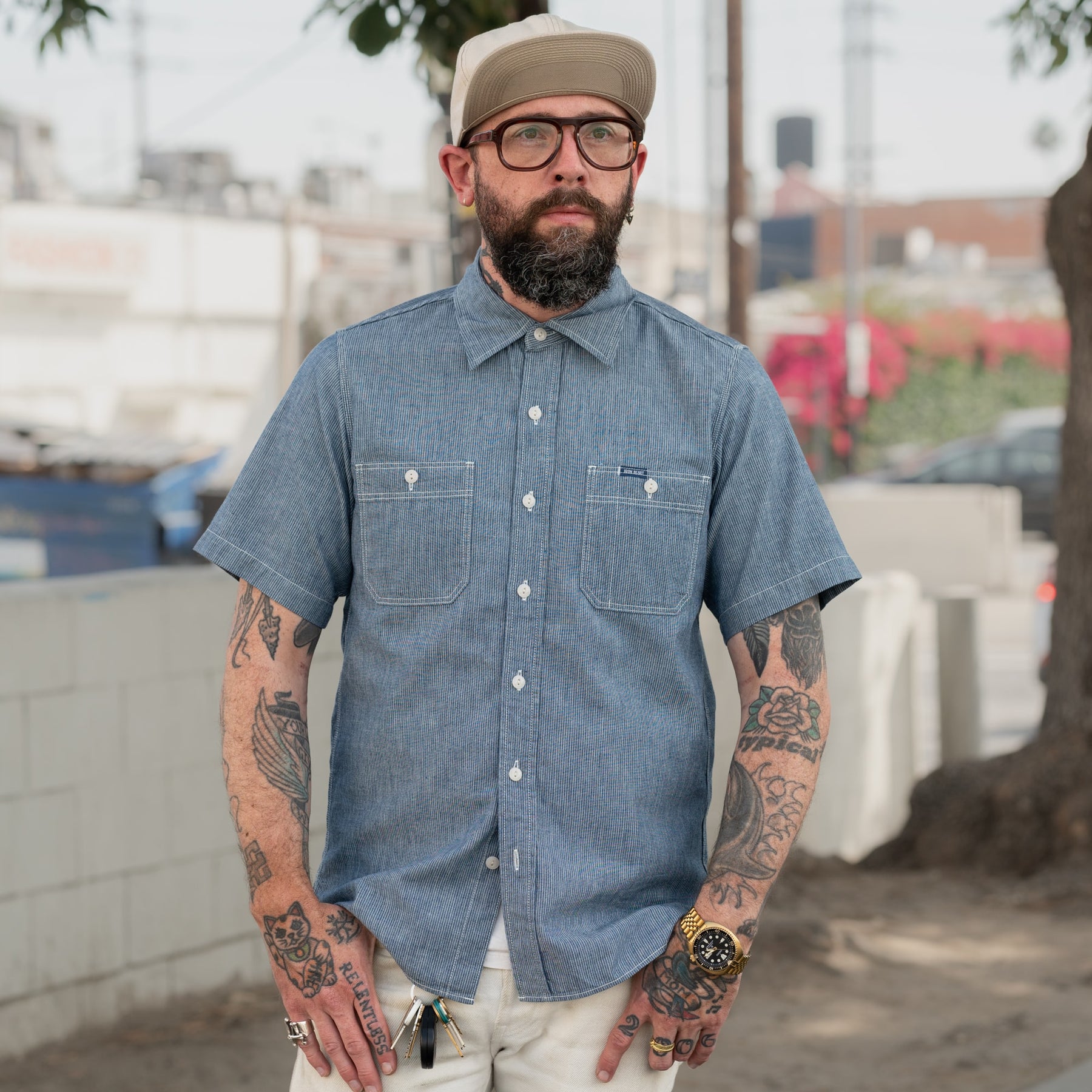 Iron Heart IHSH-285-PIN 5.5oz Selvedge Pinstripe Chambray Short Sleeve Work Shirt Indigo