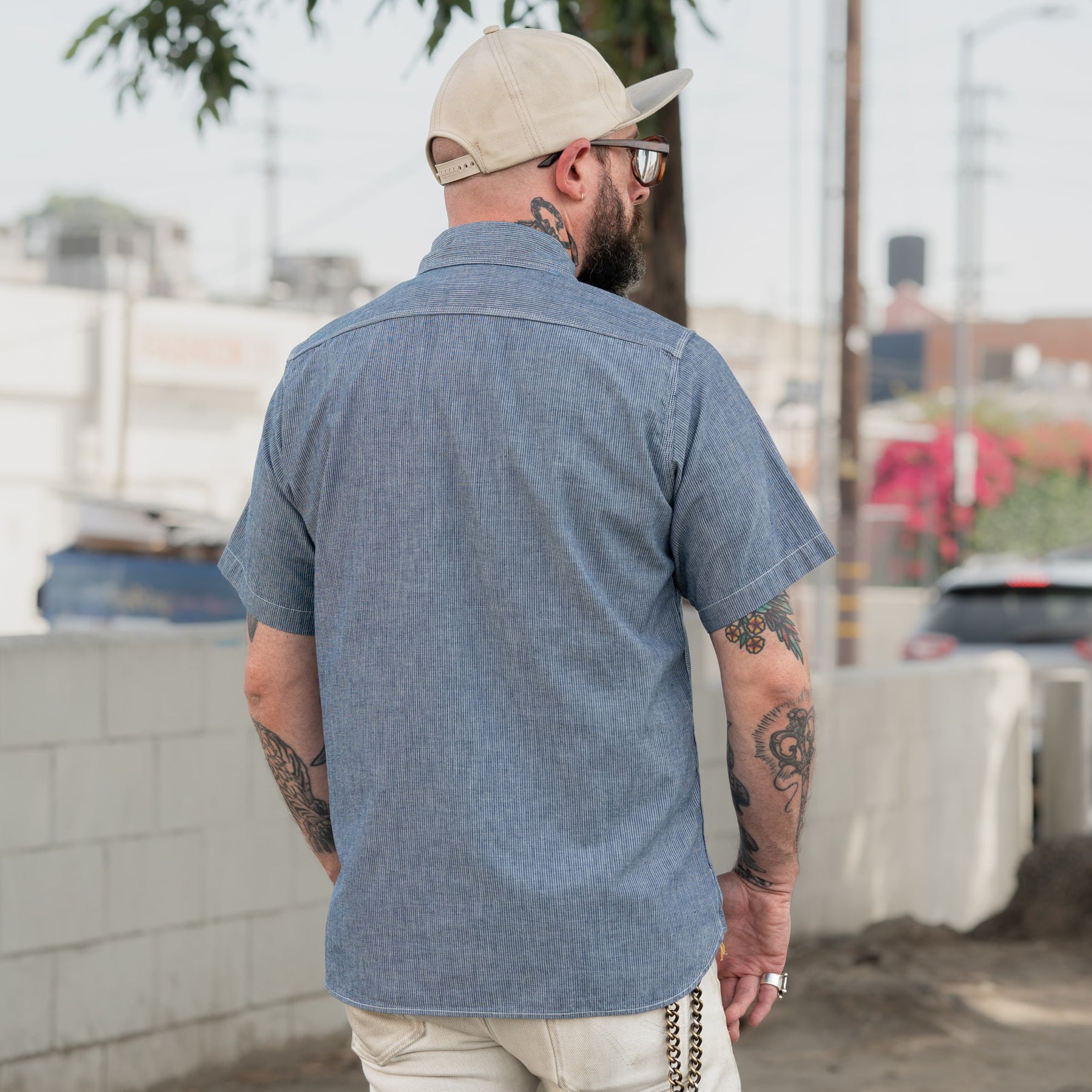 Iron Heart IHSH-285-PIN 5.5oz Selvedge Pinstripe Chambray Short Sleeve Work Shirt Indigo