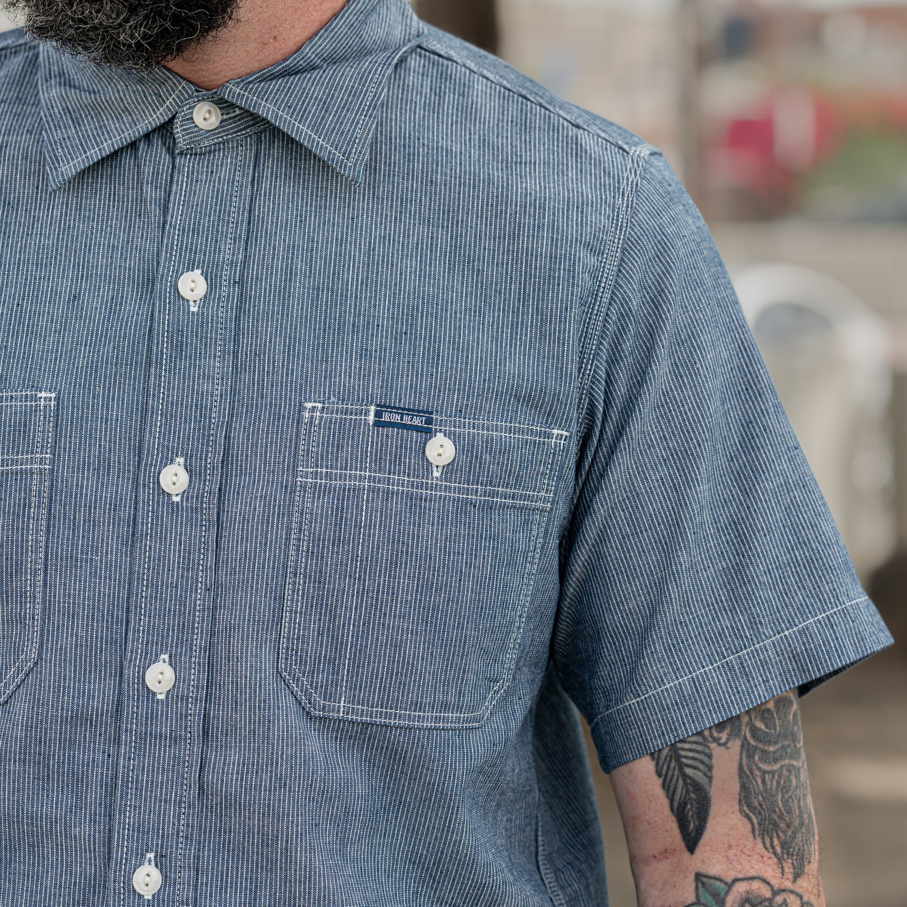 Iron Heart IHSH-285-PIN 5.5oz Selvedge Pinstripe Chambray Short Sleeve Work Shirt Indigo