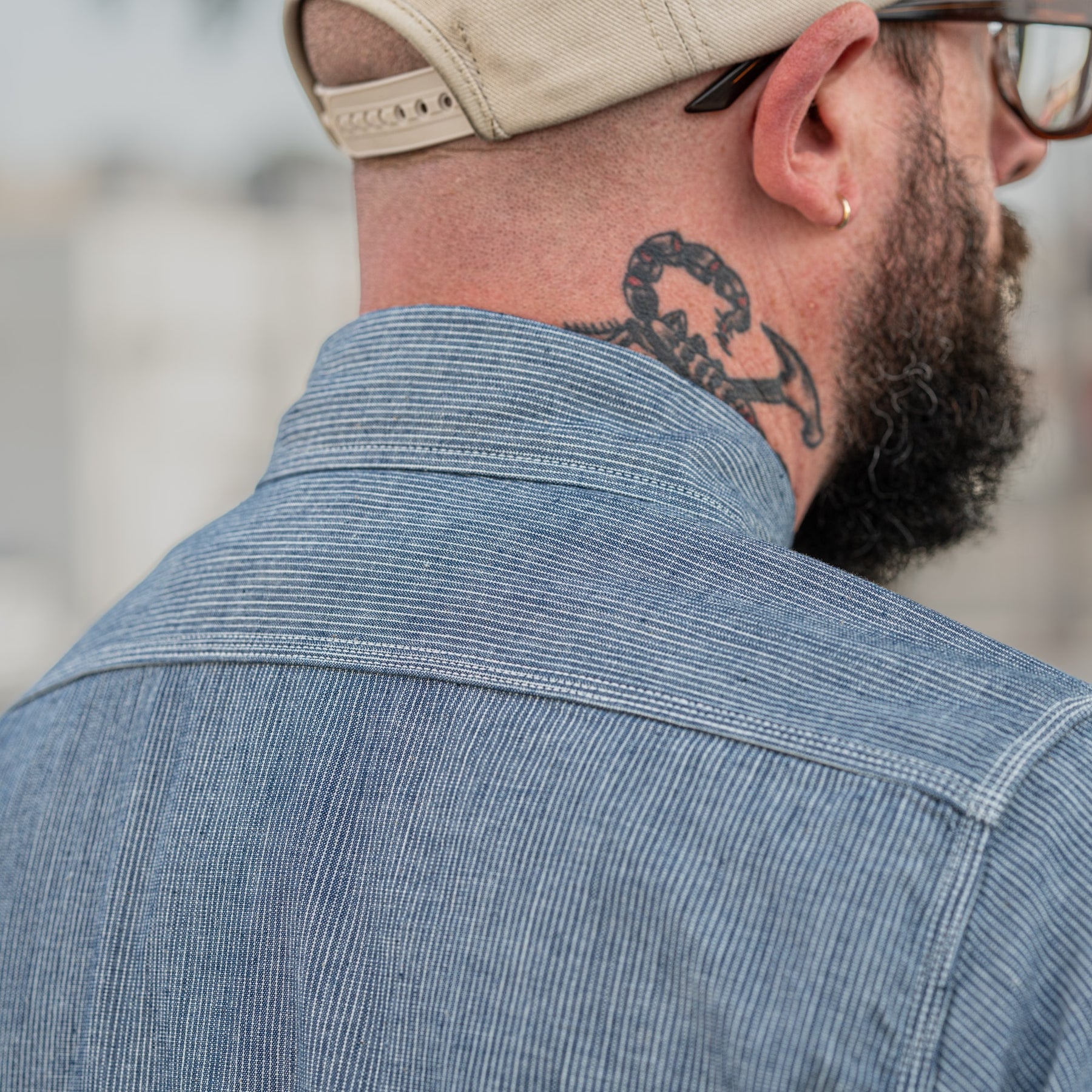 Iron Heart IHSH-285-PIN 5.5oz Selvedge Pinstripe Chambray Short Sleeve Work Shirt Indigo