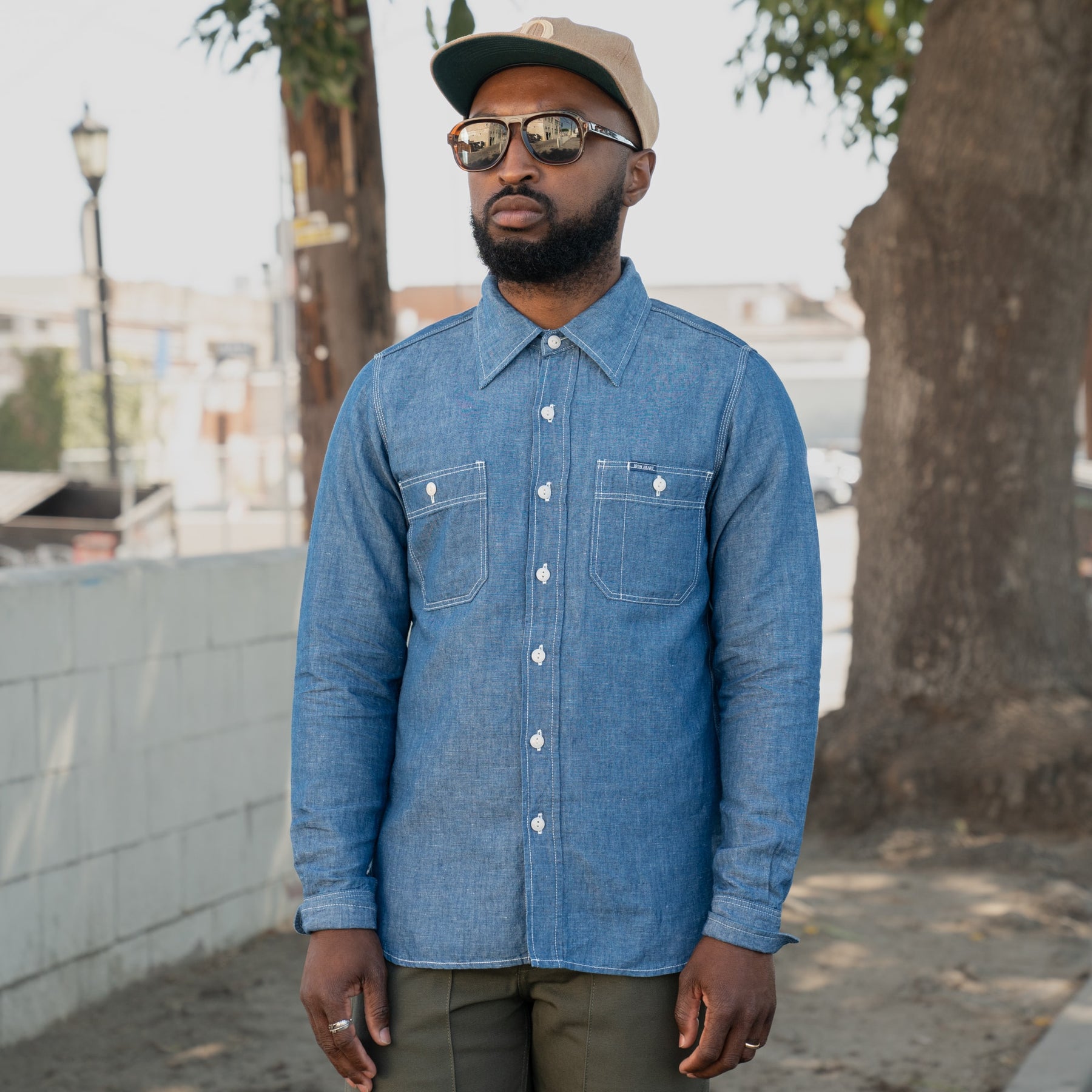 Iron Heart IHSH-222-IND 5oz Selvedge Cotton Linen Chambray Work Shirt Indigo