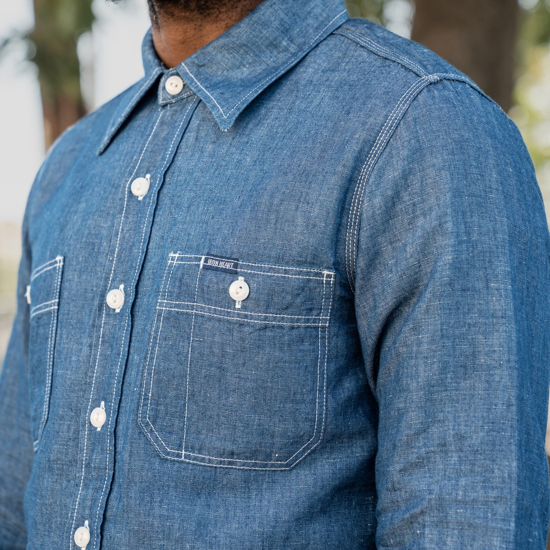 Iron Heart IHSH-222-IND 5oz Selvedge Cotton Linen Chambray Work Shirt Indigo