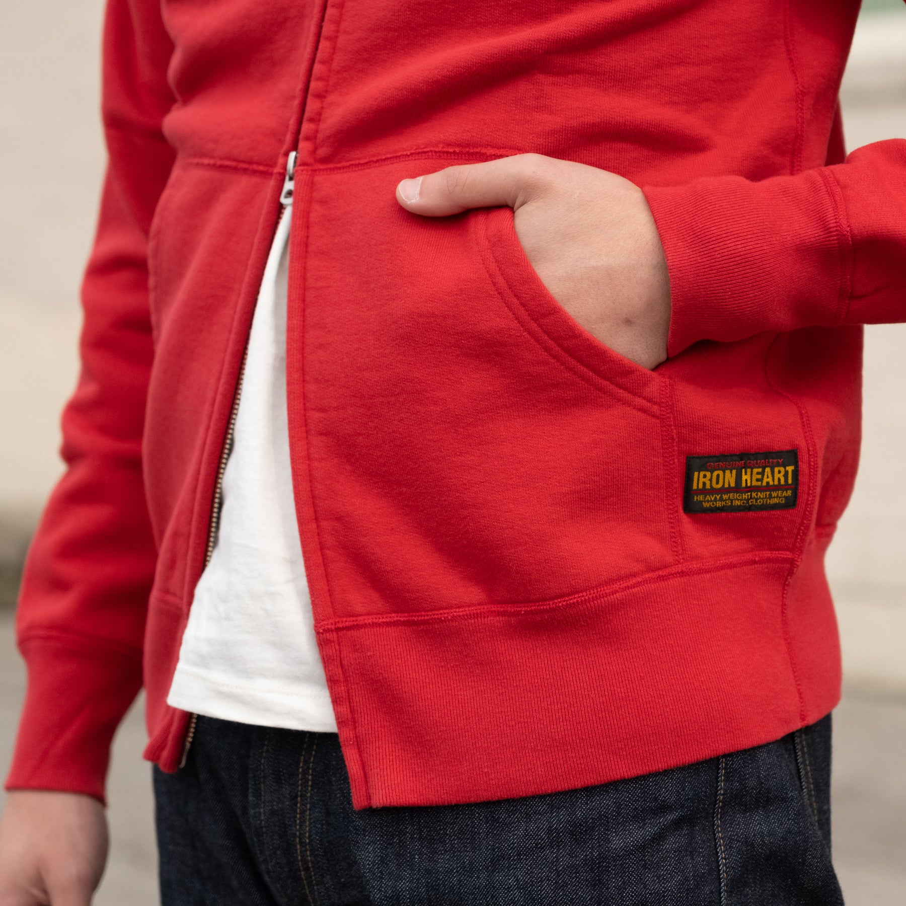 Iron Heart IHSW-65-RED 14oz Ultra Heavyweight Loopwheel Cotton Zippered Hoodie Red
