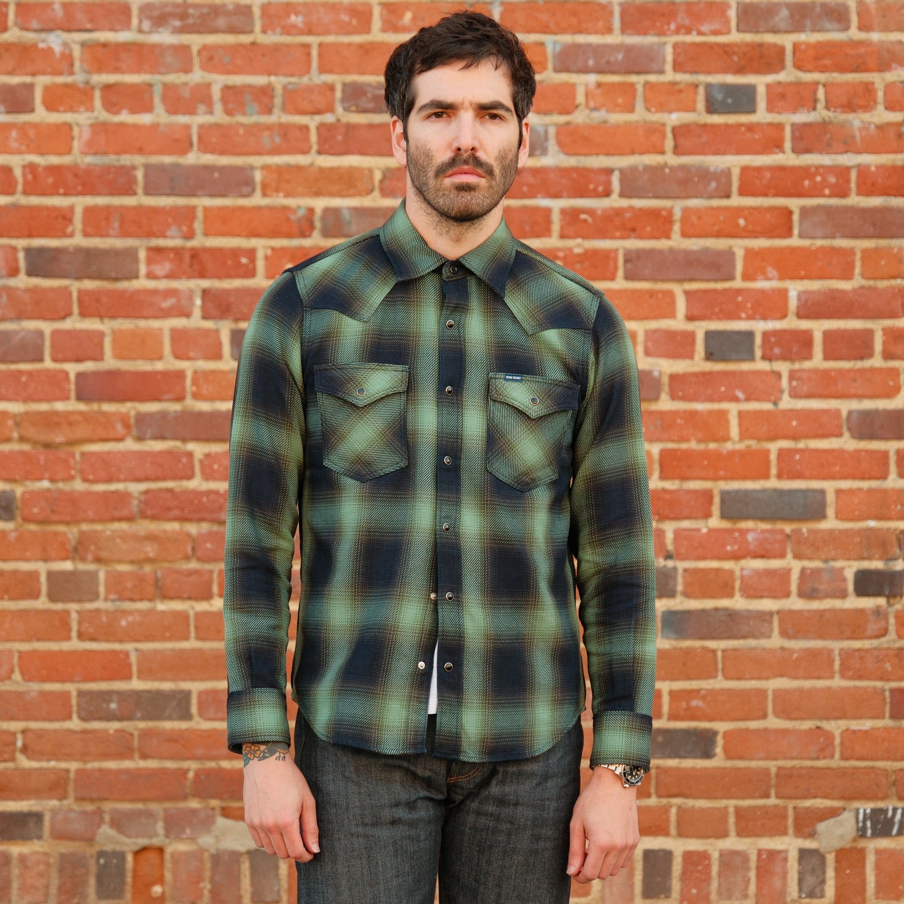 Iron Heart IHSH-348-GRN 9oz Selvedge Ombré Check Western Shirt Green
