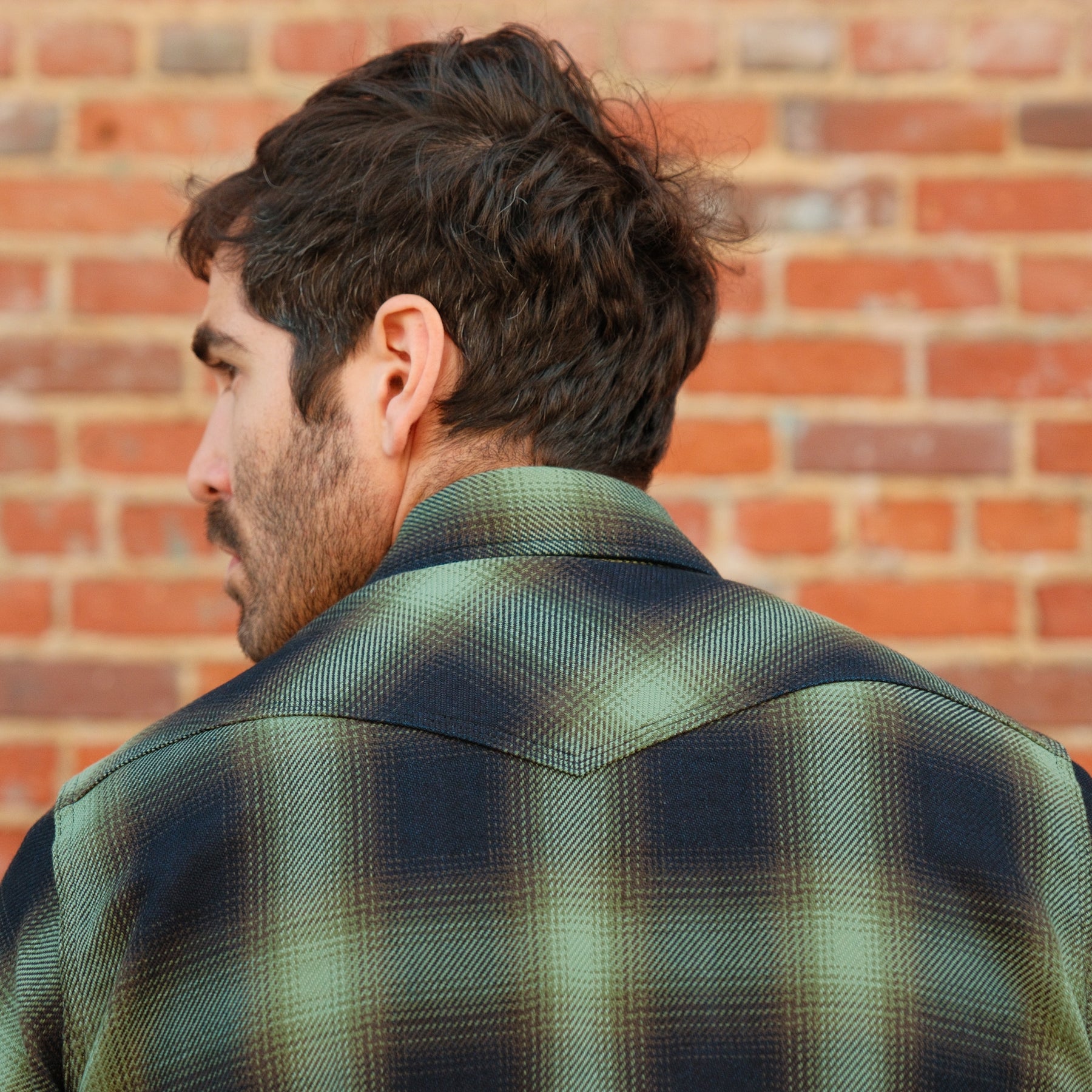 Iron Heart IHSH-348-GRN 9oz Selvedge Ombré Check Western Shirt Green