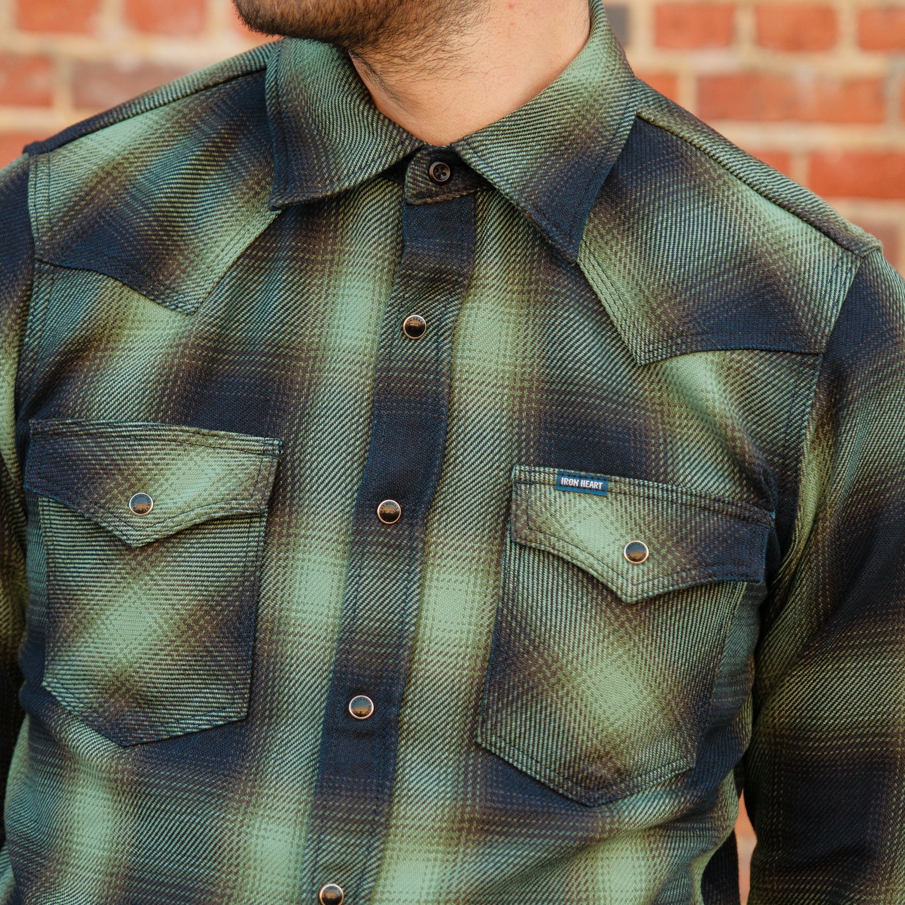 Iron Heart IHSH-348-GRN 9oz Selvedge Ombré Check Western Shirt Green
