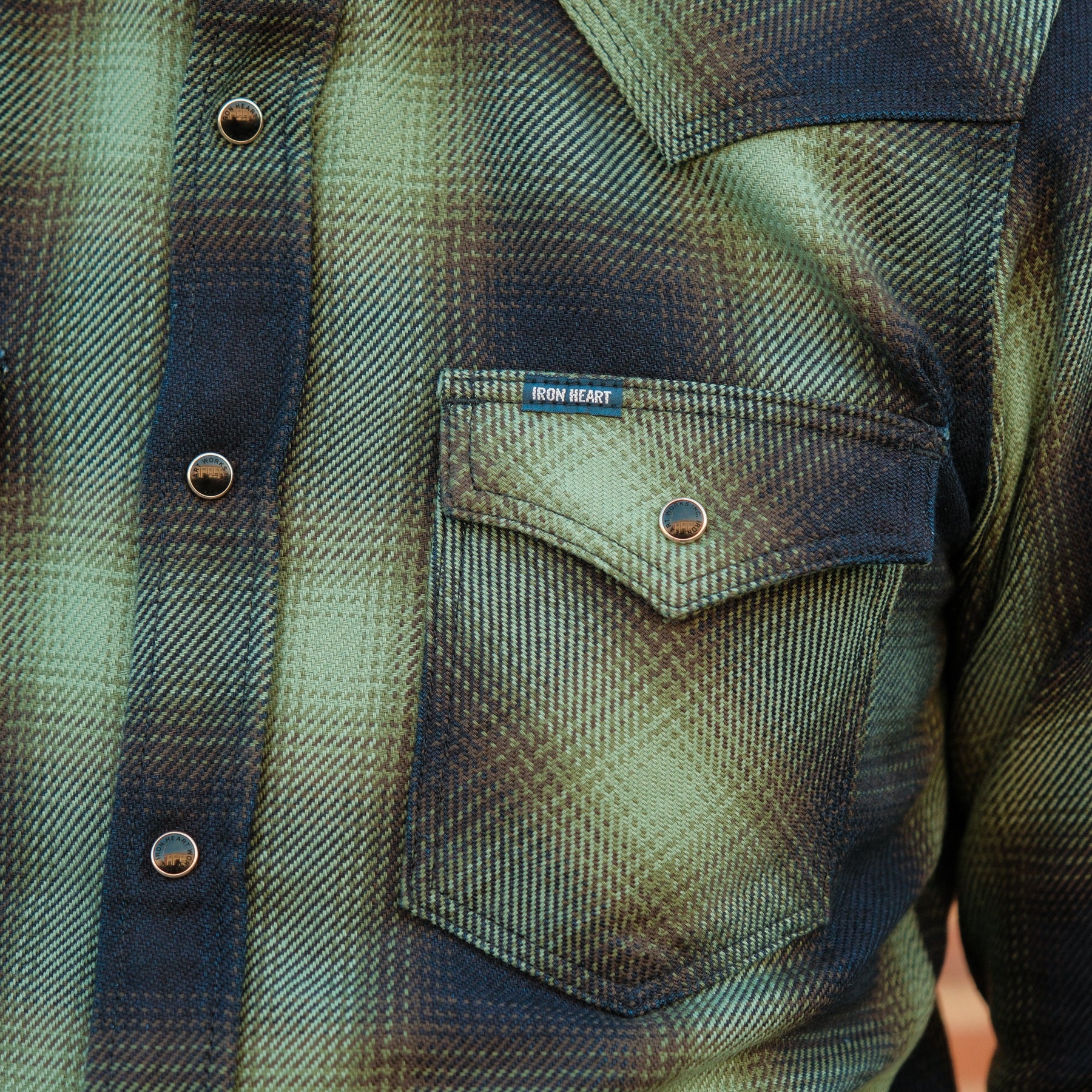 Iron Heart IHSH-348-GRN 9oz Selvedge Ombré Check Western Shirt Green