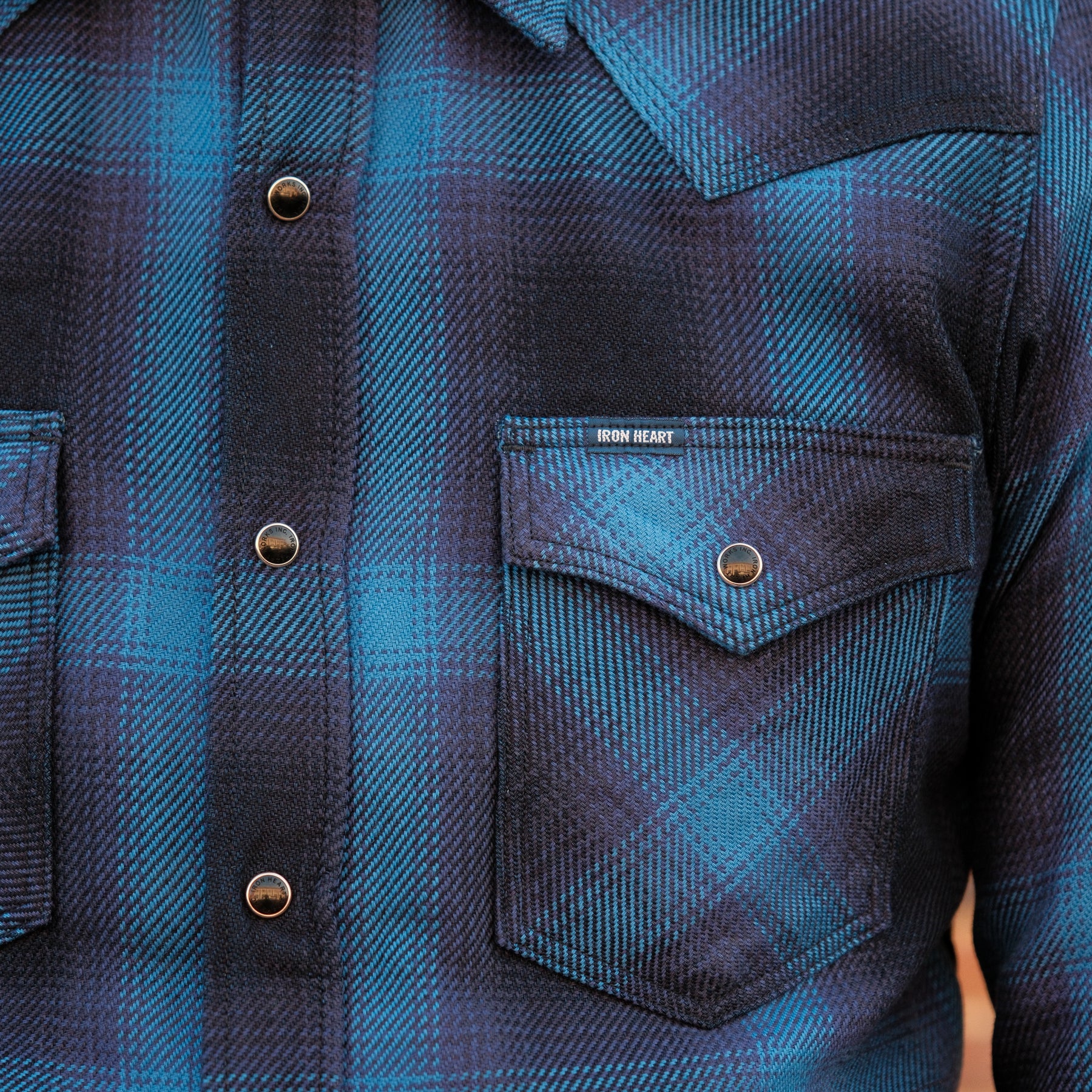 Iron Heart IHSH-348-IND 9oz Selvedge Ombré Check Western Shirt Indigo