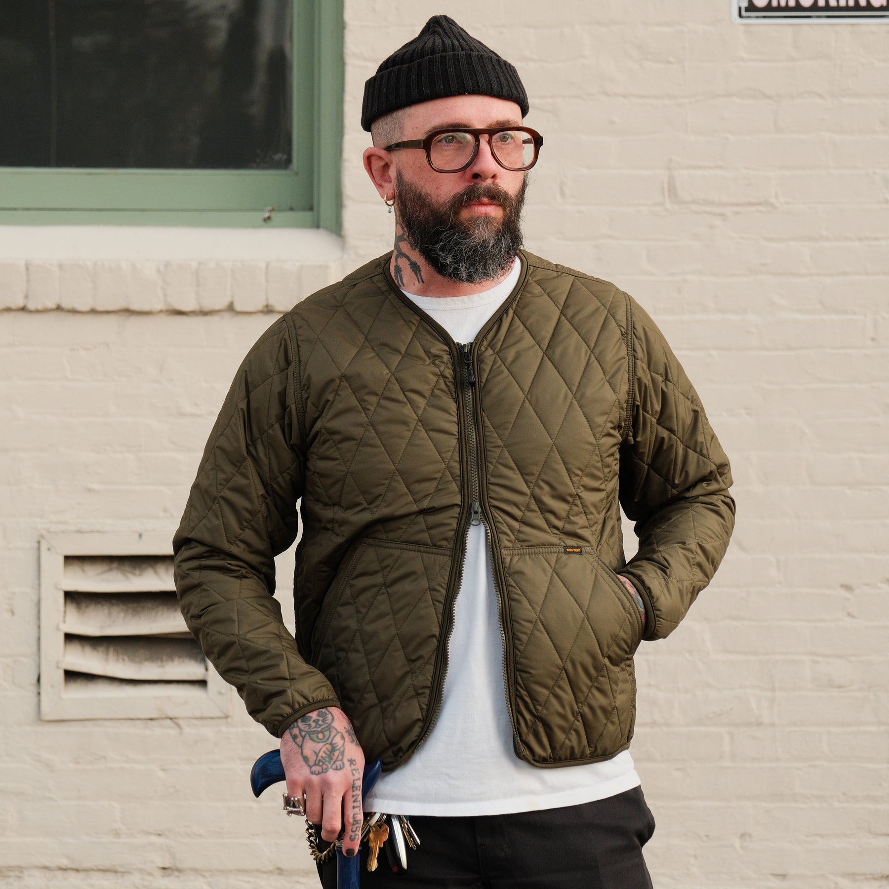 Iron Heart IHJ-118-OLV Collarless Lightweight Quilted Jacket Olive