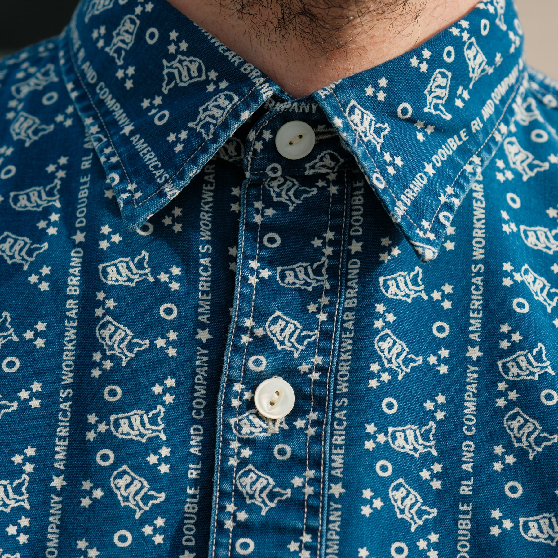 RRL Logo-Print Indigo Woven Work Shirt