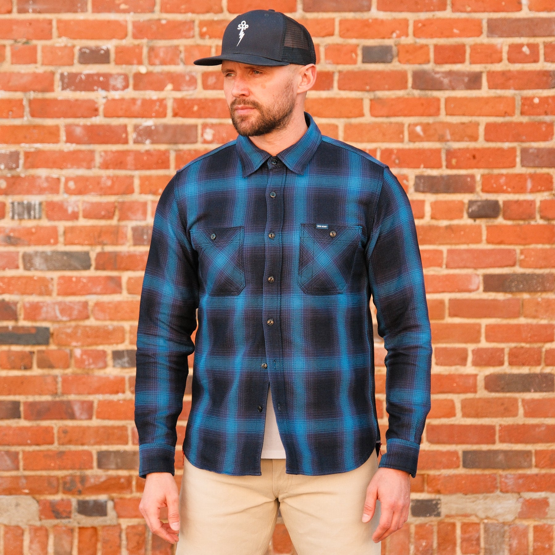 Iron Heart IHSH-349-IND 9oz Selvedge Ombré Check Work Shirt Indigo